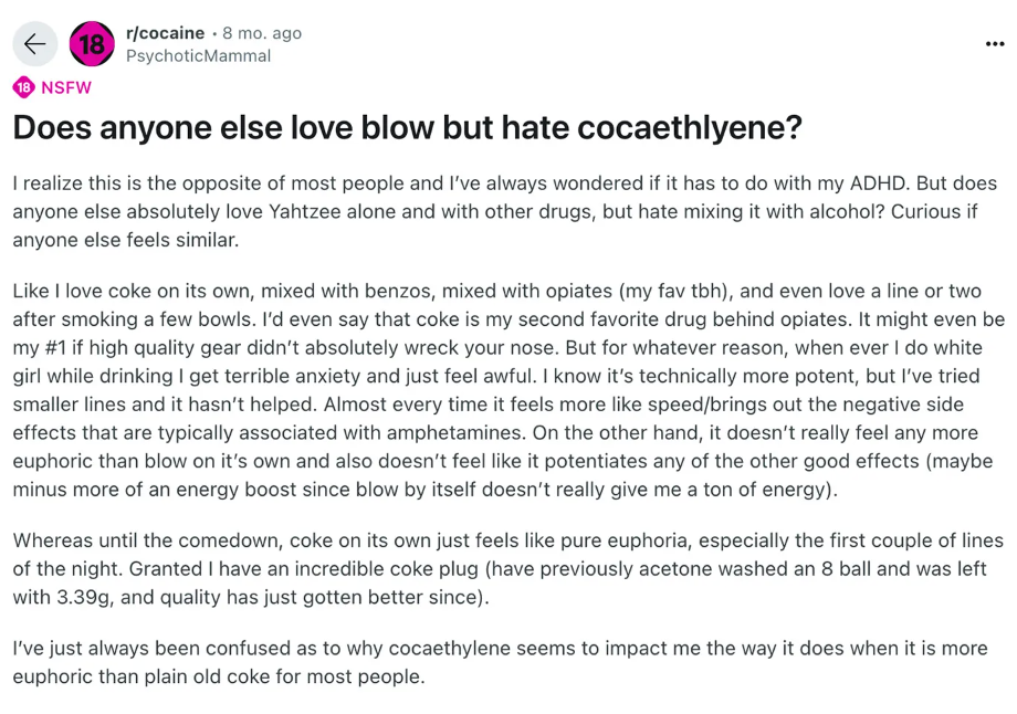 A post on the r/cocaine subreddit by the account PsychoticMammal, which has been linked to Aaron Kofsky