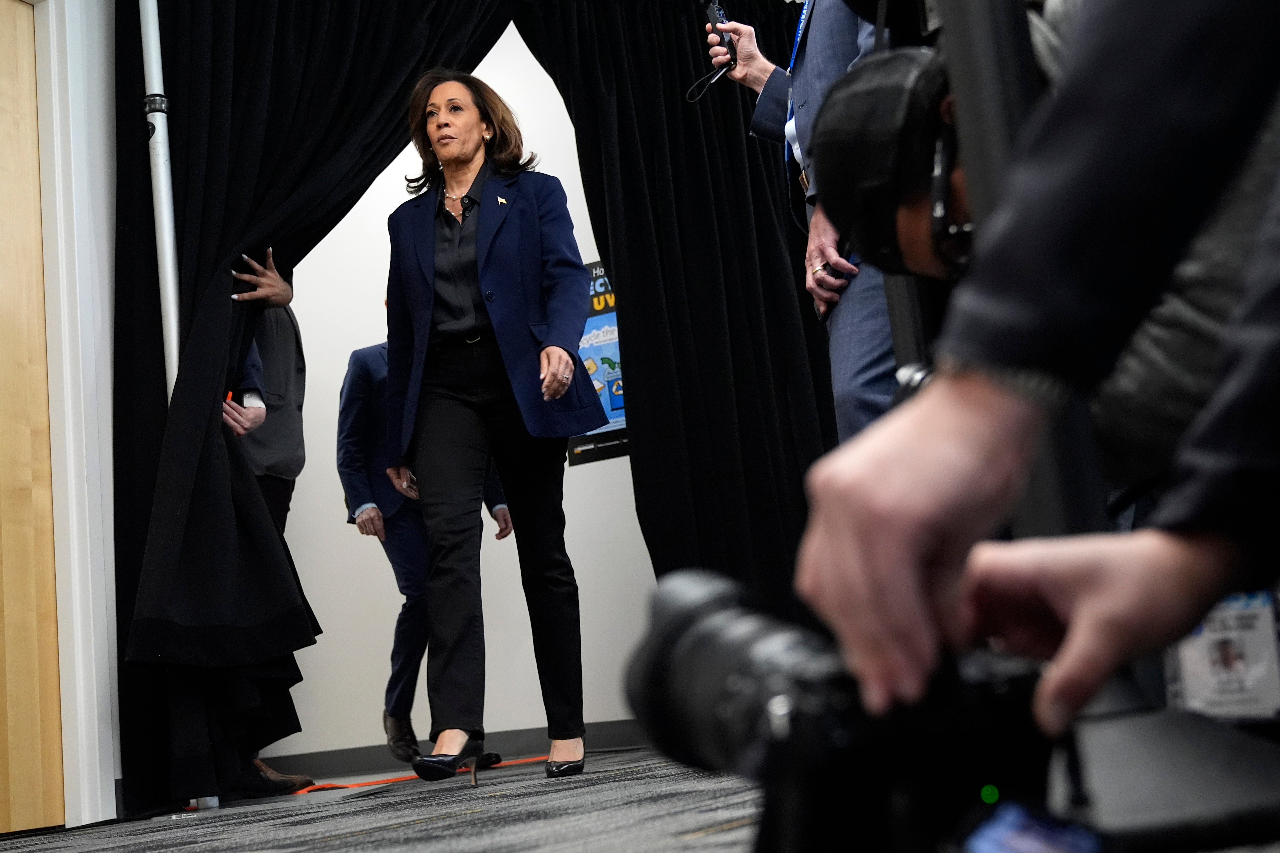 Democratic presidential nominee Vice President Kamala Harris arrives to speak about the killing of Hamas' top leader Yahya Sinwar in a battle with Israeli forces in Gaza, Thursday, Oct. 17, 2024