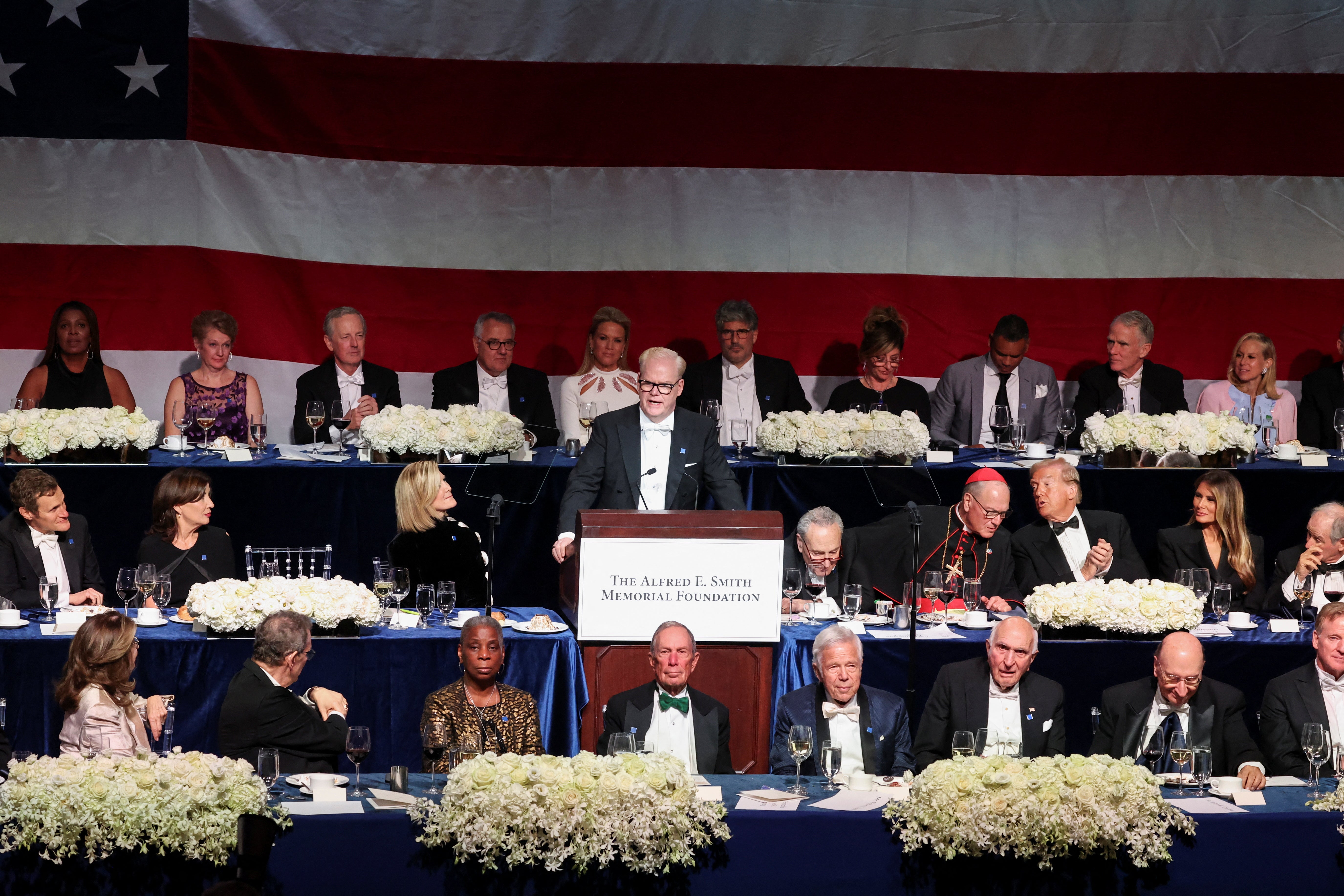 Comedian Jim Gaffigan speaks at the Al Smith charity dinner in New York City