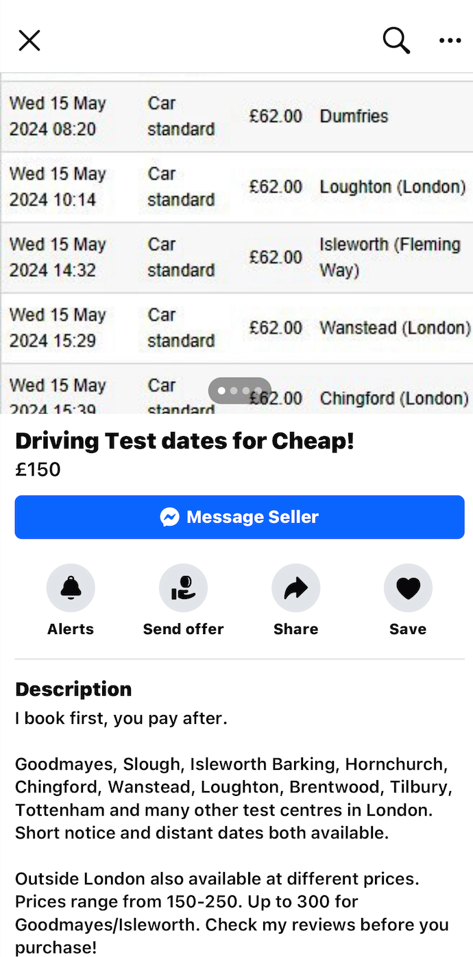 Fast-track driving test appointments are being offered on platforms like Facebook Marketplace