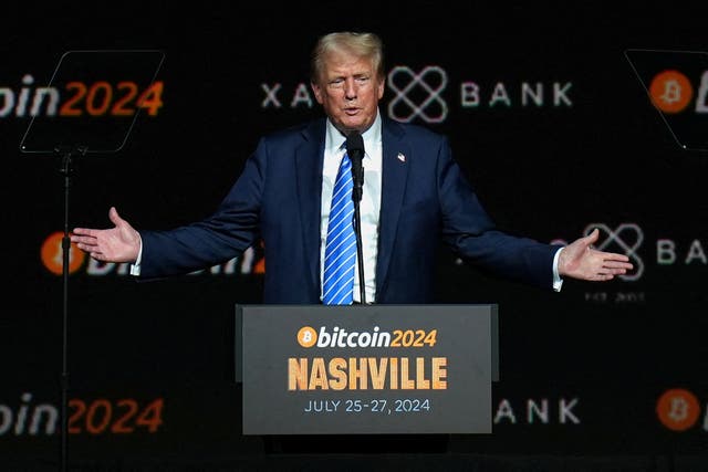 <p>Republican presidential nominee and former U.S. President Donald Trump gestures at the Bitcoin 2024 event in Nashville, Tennessee in July 2024. Polymarket, a crypto-based prediction market, shows an upswing  in pro-Trump bets in recent weeks </p>