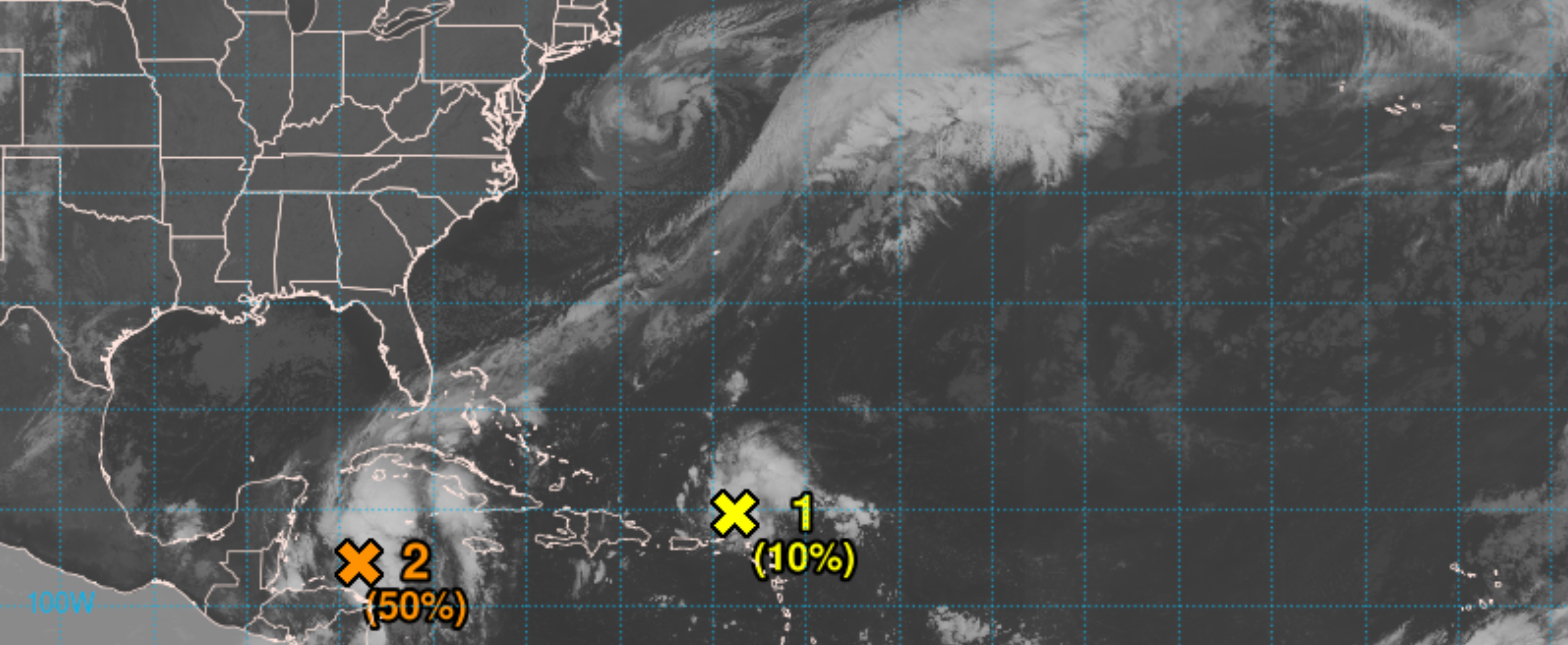 Satellite imagery from the National Hurricane Center shows AL94 and AL95 near the United States. The systems have a 10 percent and 50 percent chance of formation in the next 48 hours, respectively.