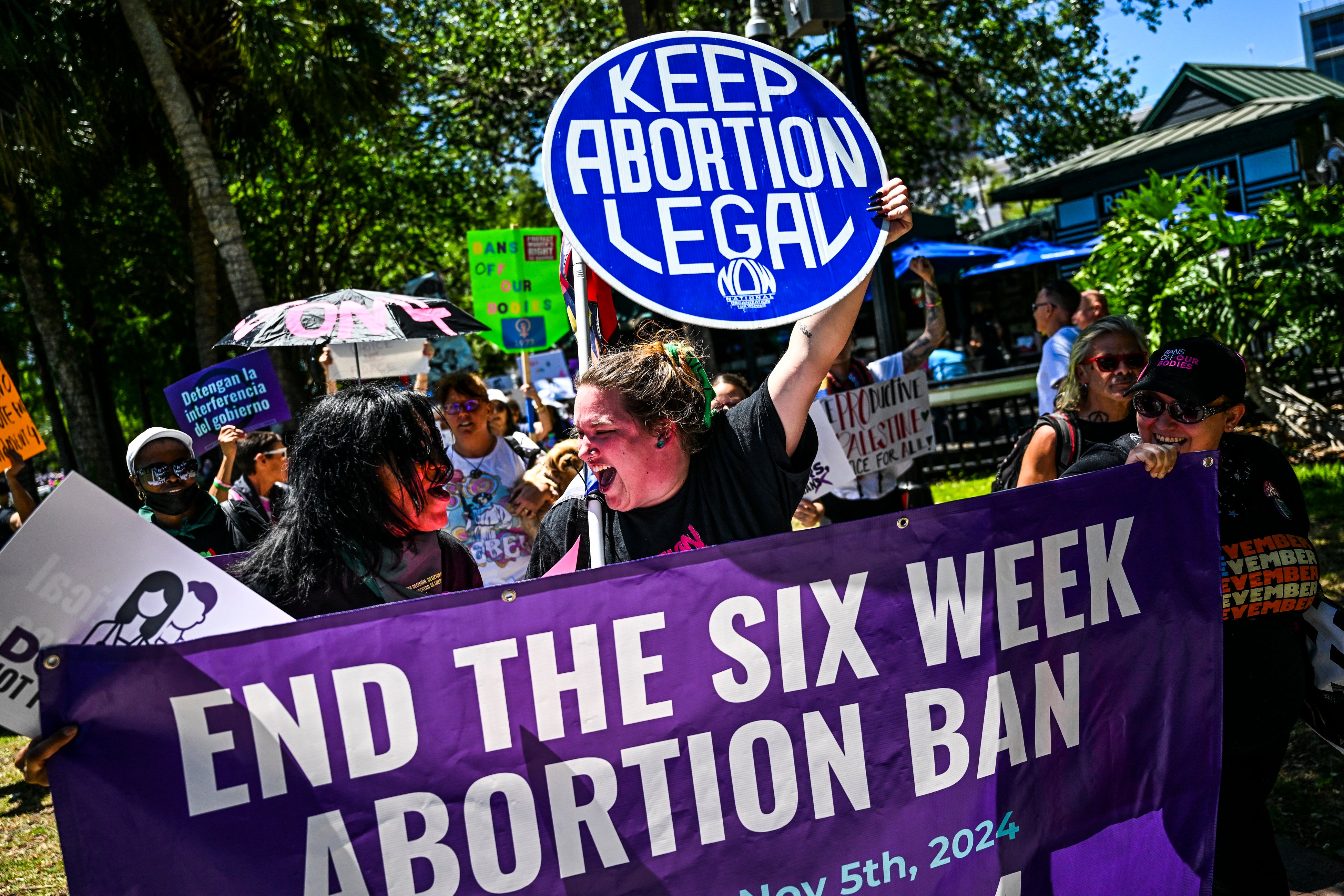 Abortion rights supporters demonstrate in Orlando on April 13.