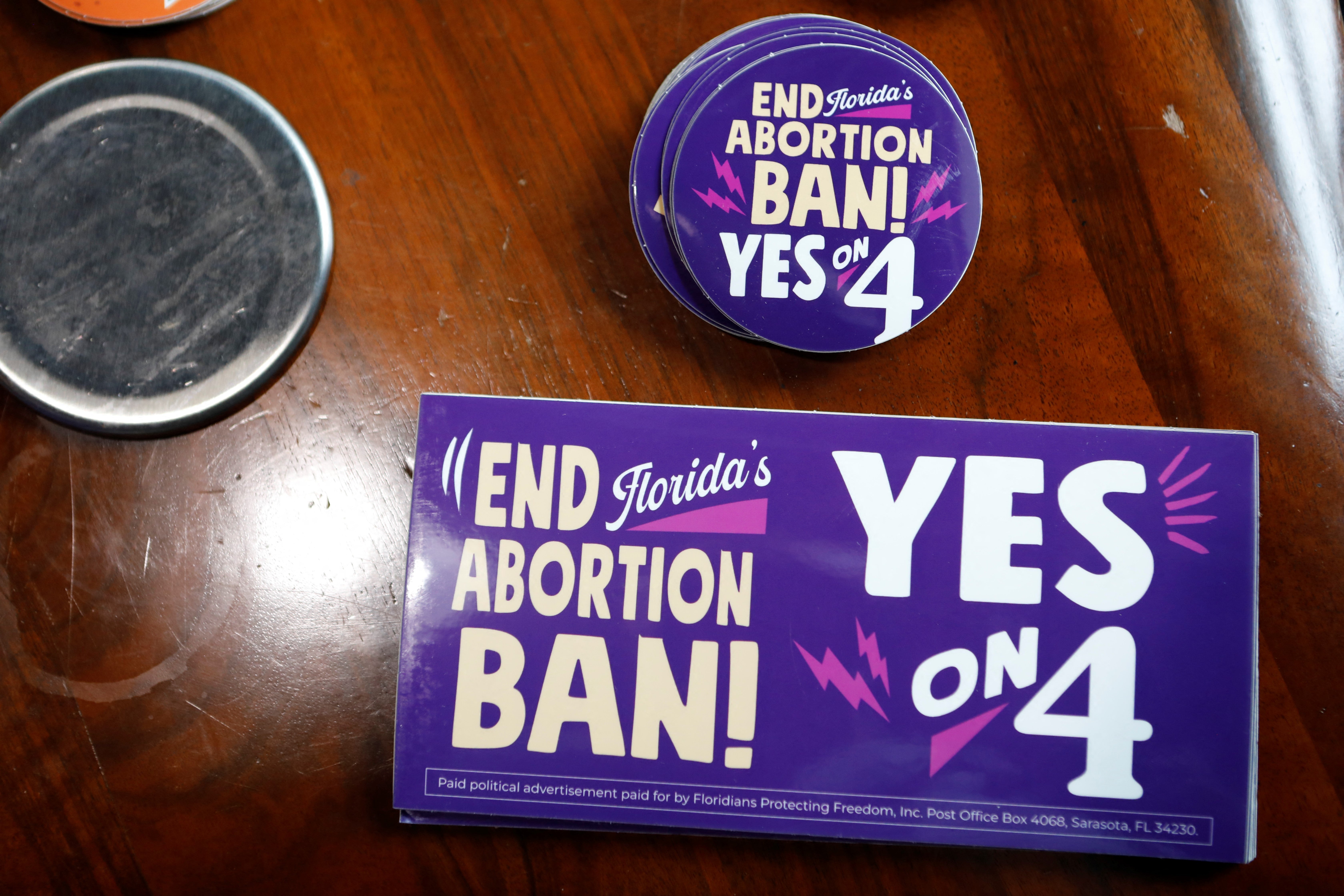 Yes On 4 campaign materials support a ballot measure in Florida that would enshrine a right to abortion care in most pregnancies, if passed by voters in November.