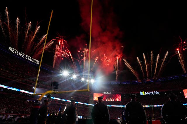 <p>Fireworks are seen in the sky over MetLife Stadium before an NFL football game last week in East Rutherford, New Jersey. MetLife was identified as the most vulnerable NFL stadium of 30 that were included in a new Climate X report of projected financial losses for the venues by 2050 due to climate risks. </p>