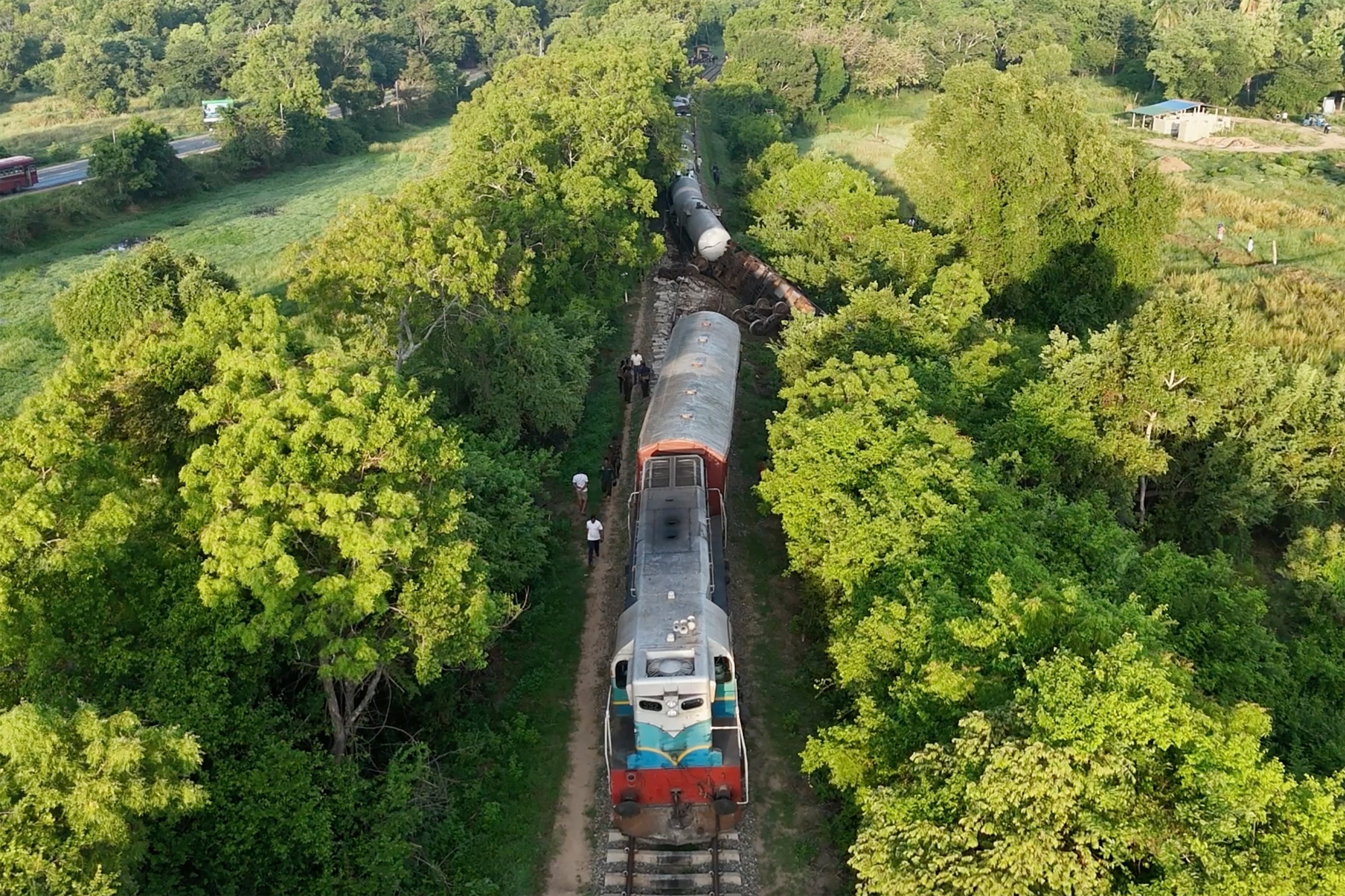 Image from a video footage shows a derailed fuel transporting train in Minneriya, Sri Lanka, Saturday, Oct. 19, 2024, after it collided with a heard of elephants on Friday