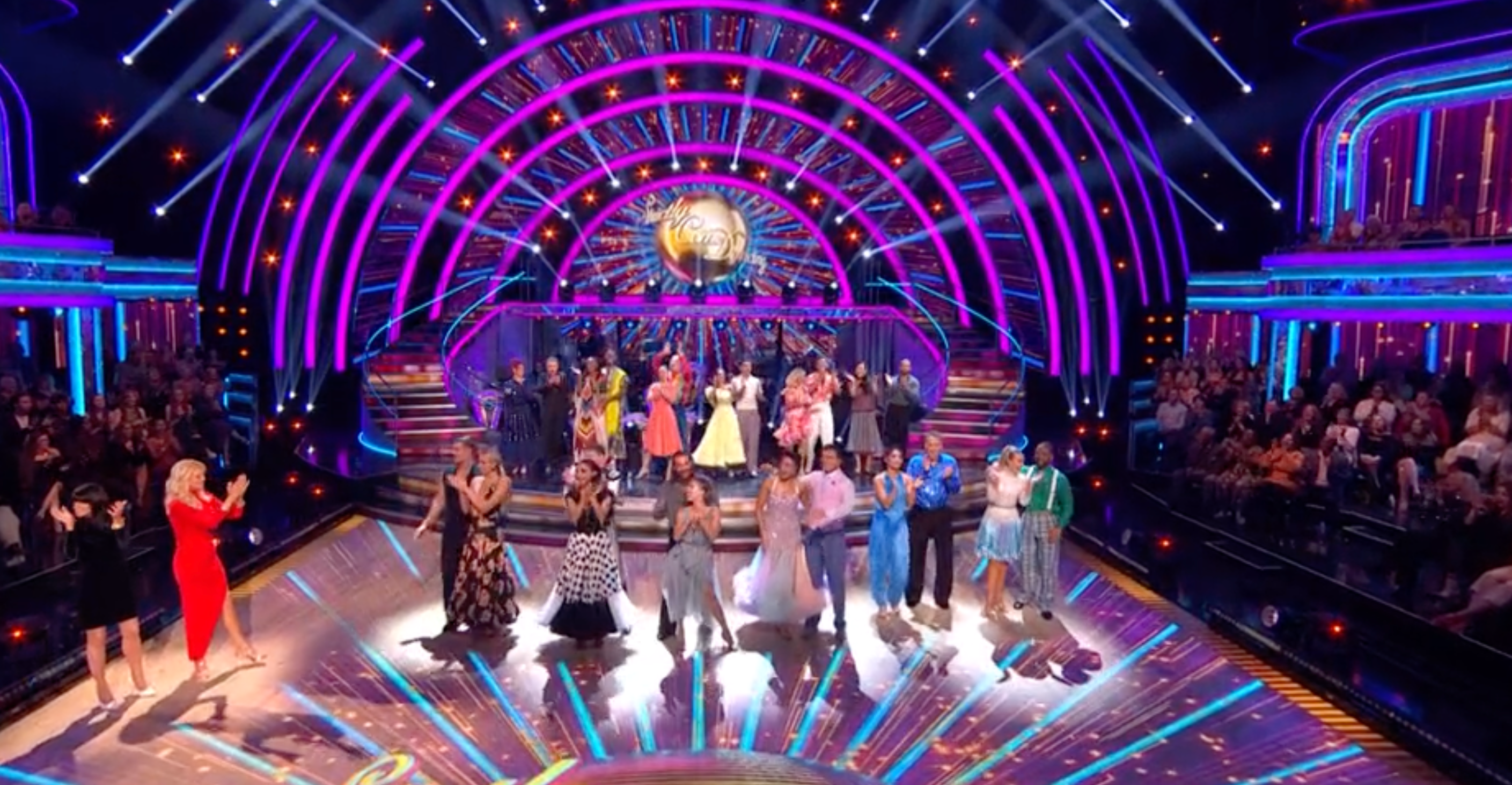 The celebrities and their dancers gather on stage at the start of Saturday’s episode