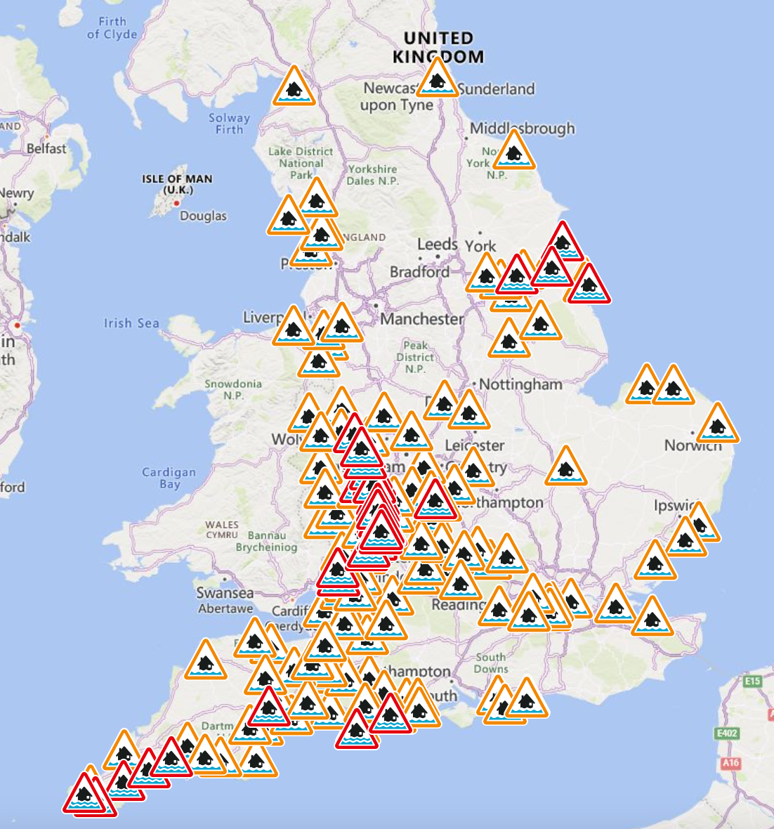 The Environment Agency has issued 41 flood warnings, in red, and 132 flood alerts, in amber