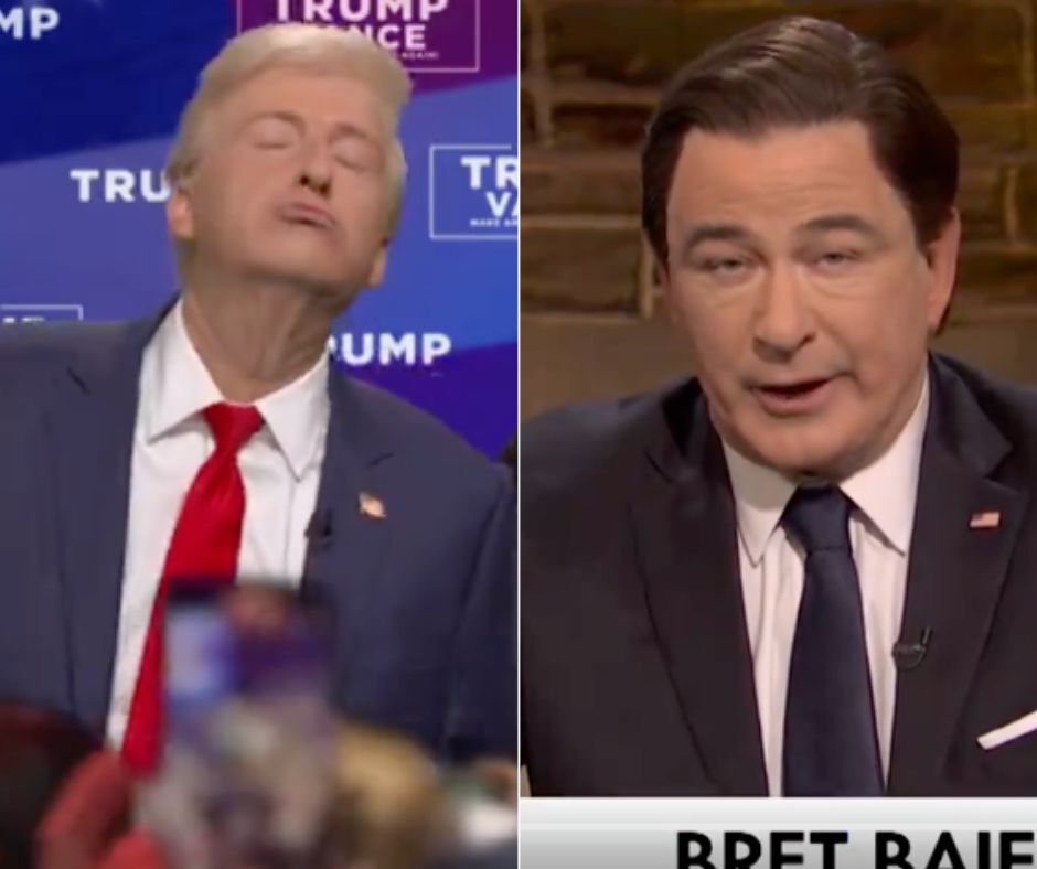 James Austin Johnson appears as Donald Trump and Alec Baldwin appears at Bret Baier in a ‘Saturday Night Live’ skit mocking the former president’s dance-a-thon town hall