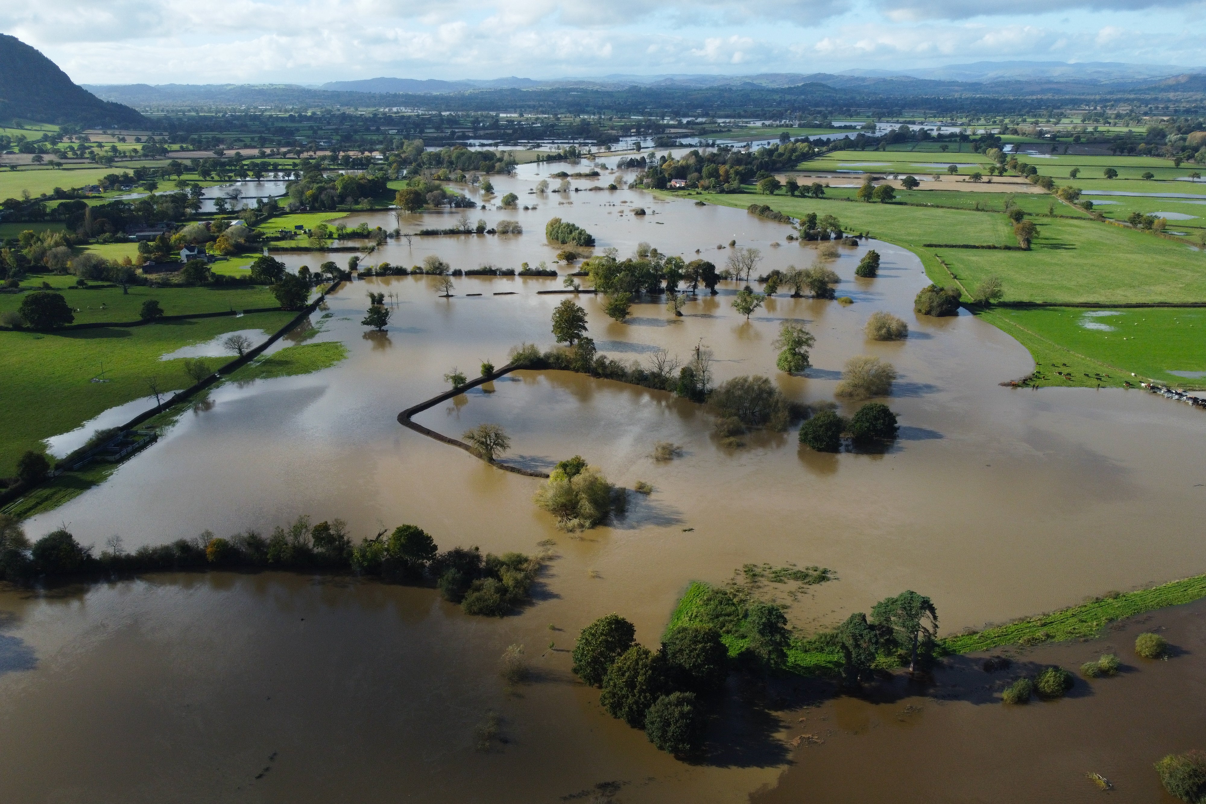 An aerial photograph taken by drone of flooded fields around the River Severn at Melverley near Oswestry on Thursday