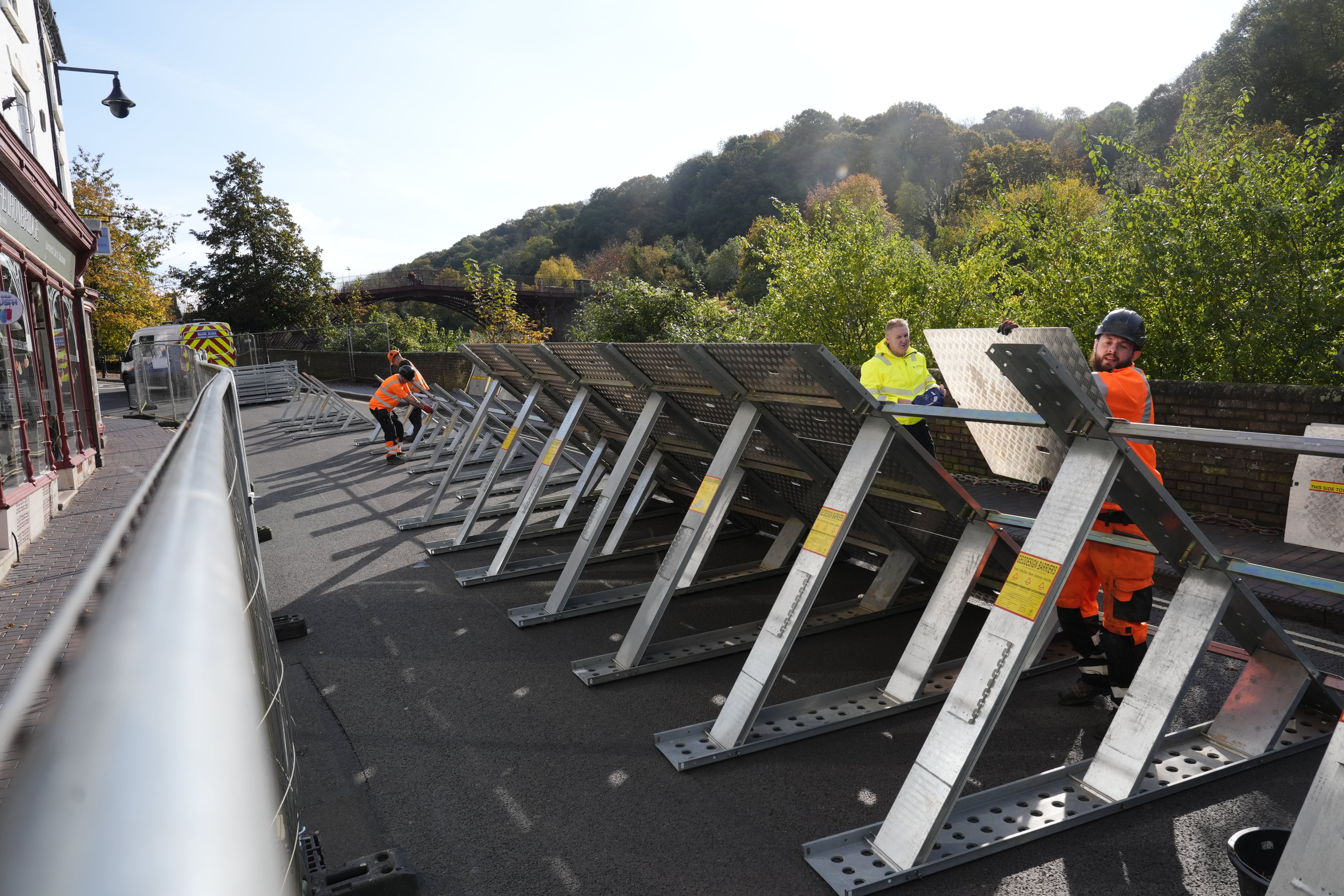 Flood defences were put in place along the wharfage next to the River Severn at Ironbridge on Friday