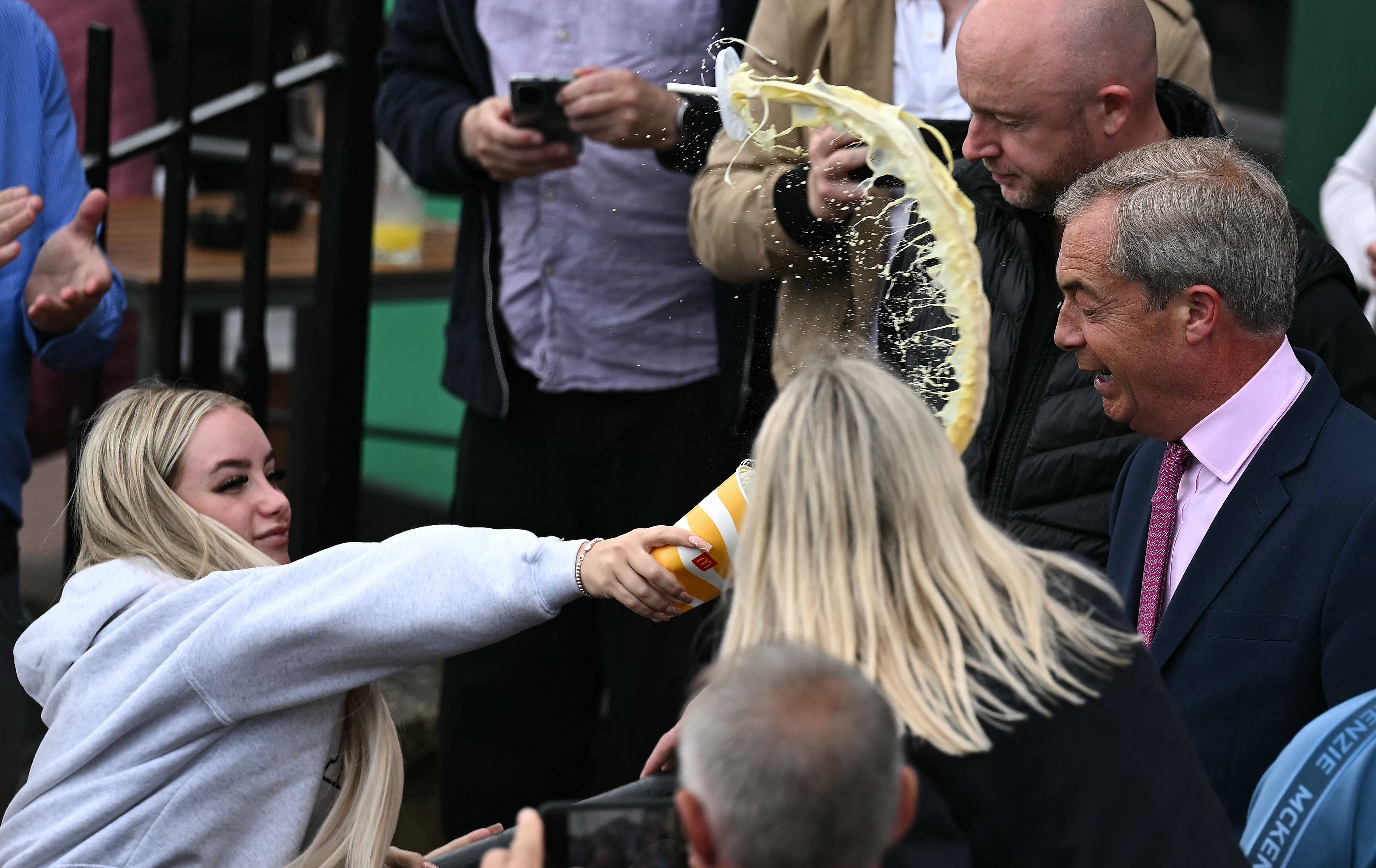 Nigel Farage was covered in the drink and hit by the cup after it was thrown as he left the Moon and Starfish Wetherspoon pub in the Essex seaside town on 4 June