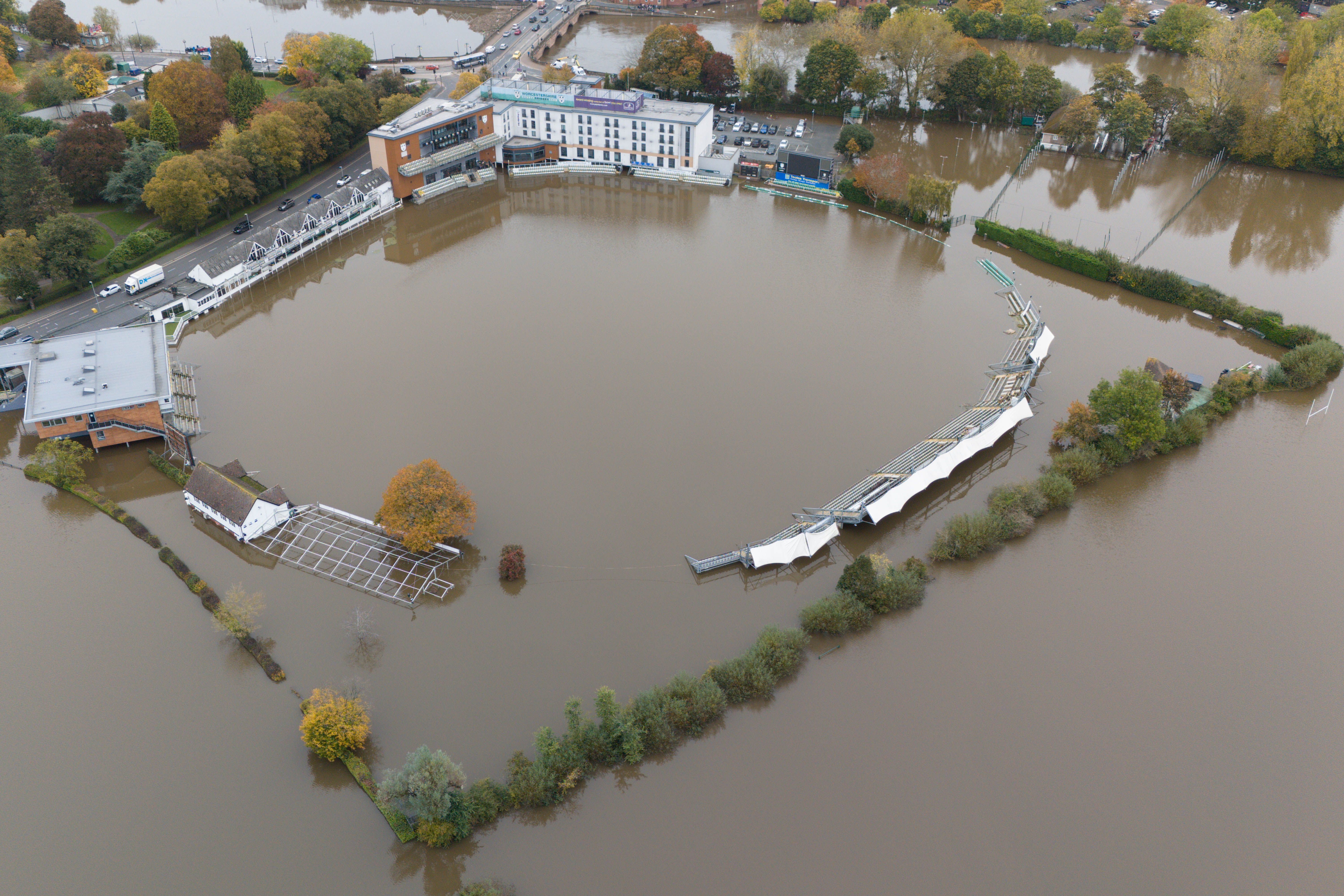 An aerial view showing a flooded New Road Cricket ground in Worcester, home of Worcestershire CCC