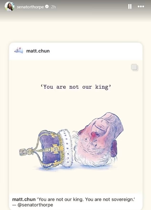 The independent politician took to social media to further reiterate her position, sharing a cartoon appearing to show a beheaded King Charles to her Instagram story.