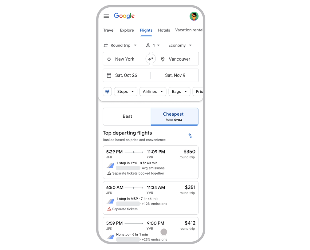 Google Flights now has a new ‘Cheapest’ tab to show the lowest ticket fares