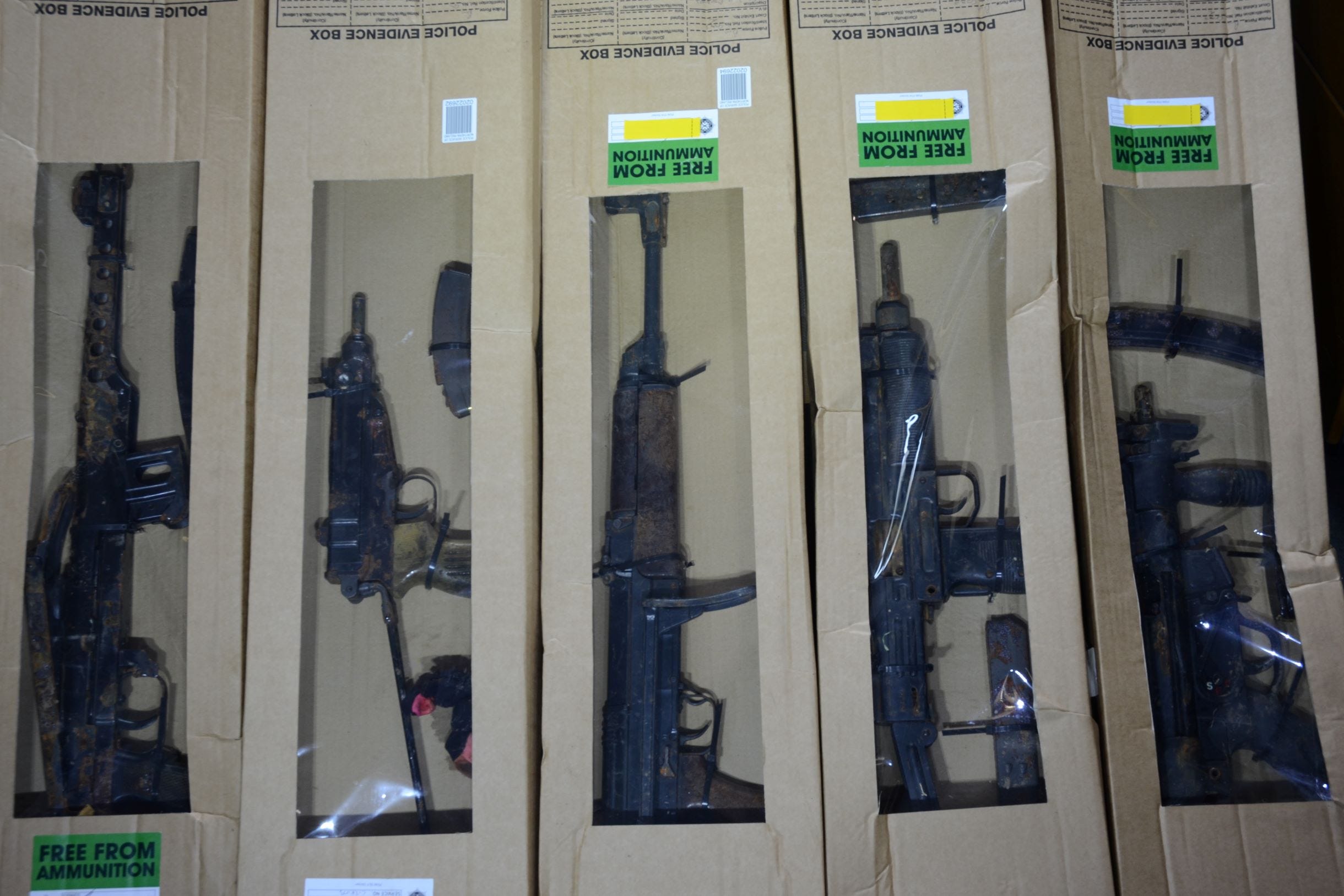 Firearms which were part of an illicit stash of weapons seized by the NCA as part of a ruse by Irish national Thomas Kavanagh, a boss of the Kinahan organised crime group (National Crime Agency/PA)