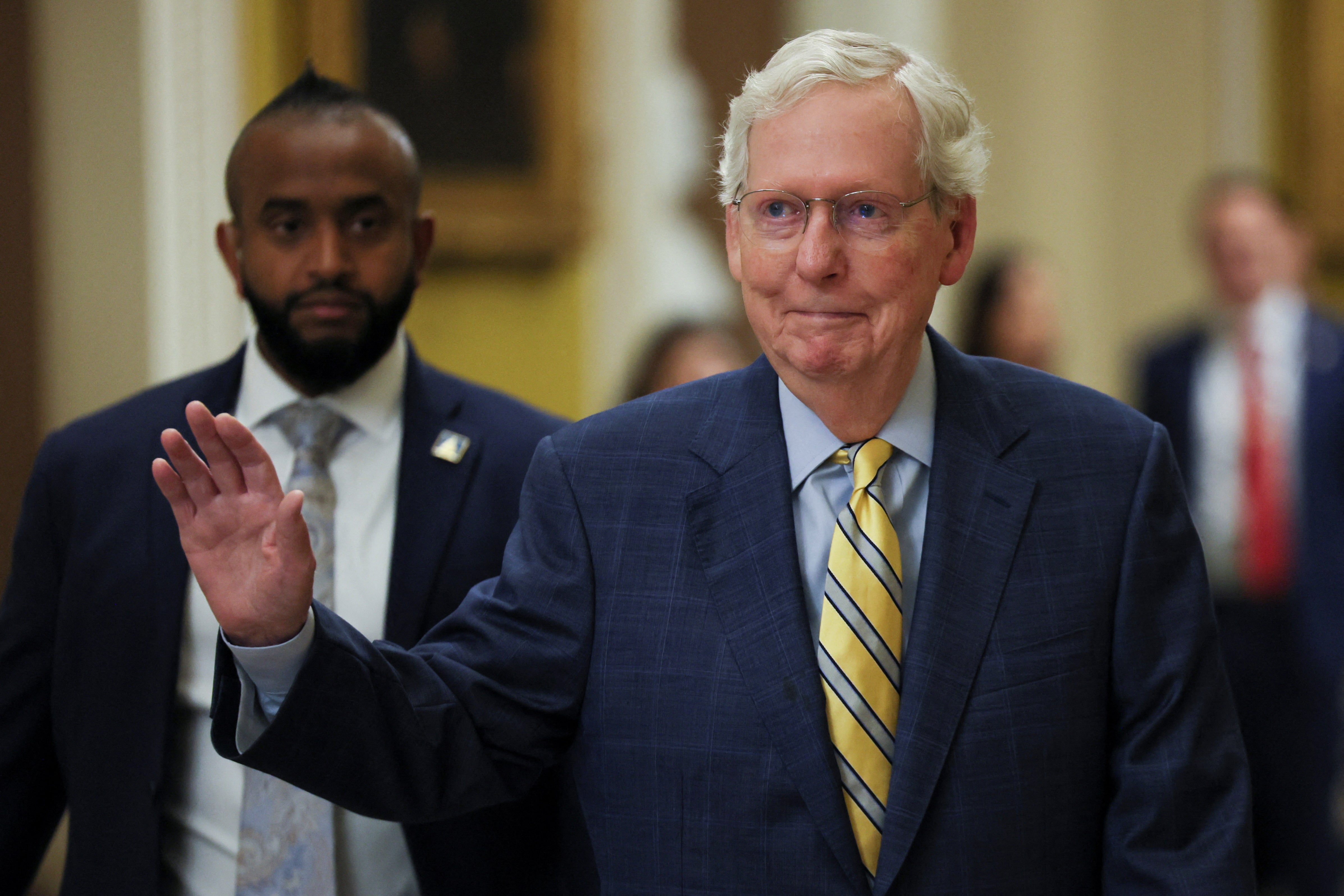 Senate Minority Leader Mitch McConnell (R-KY) waves as he walks at the Capitol before the arrival of Ukraine’s President Volodymyr Zelenskiy for a meeting with Congressional leaders. It’s now been revealed that McConnell backed Special Counsel Jack Smith and his charges against Donald Trump, according to a new book