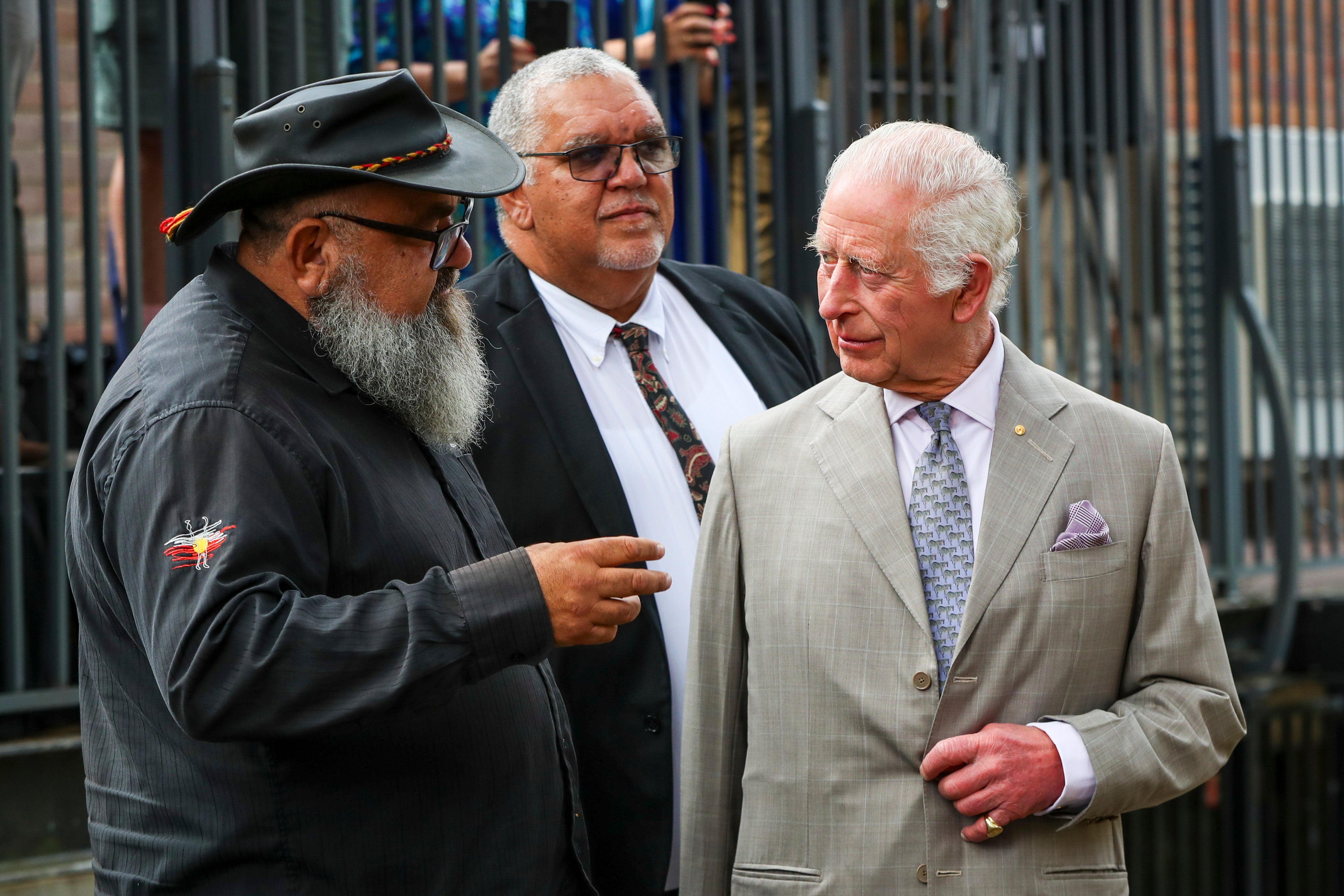 Britain's King Charles III, right, visits the National Centre of Indigenous Excellence on Tuesday Oct. 22, 2024 in Sydney, Australia.