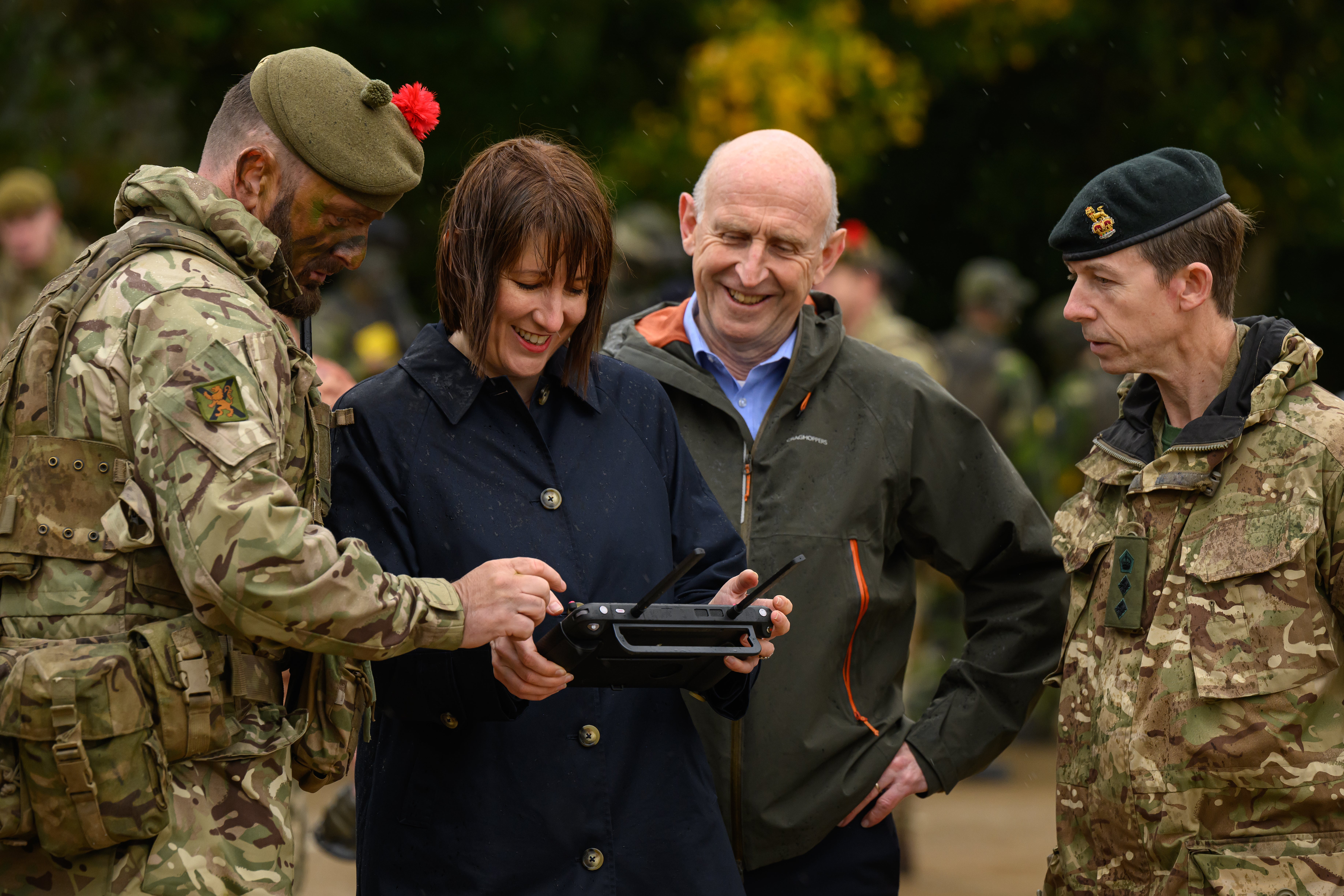 Chancellor Rachel Reeves operates a Max Evo drone as Defence Secretary John Healey looks on