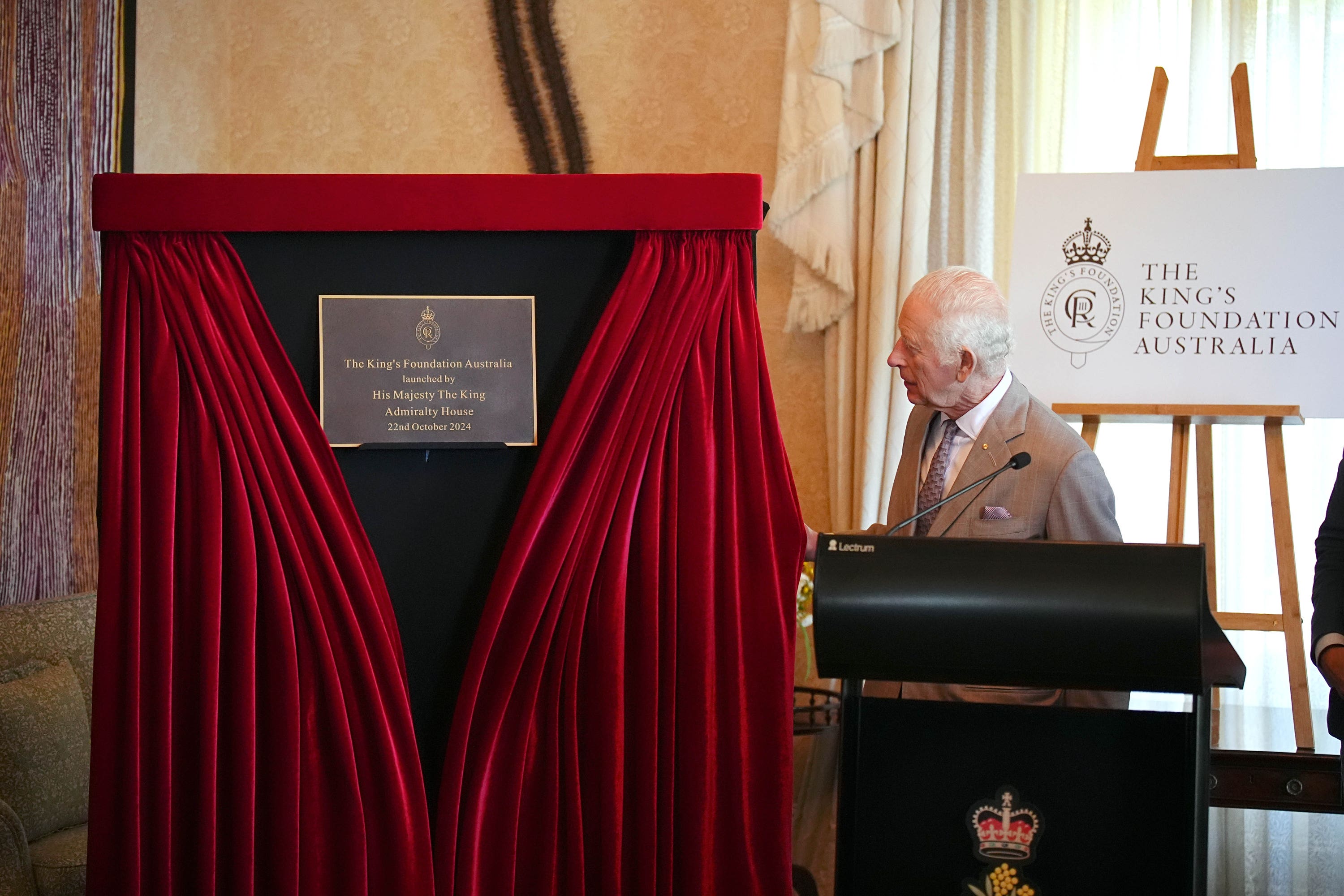 The King unveils a plaque at the launch of The King’s Foundation Australia at Admiralty House in Sydney during his royal tour (Aaron Chown/PA)