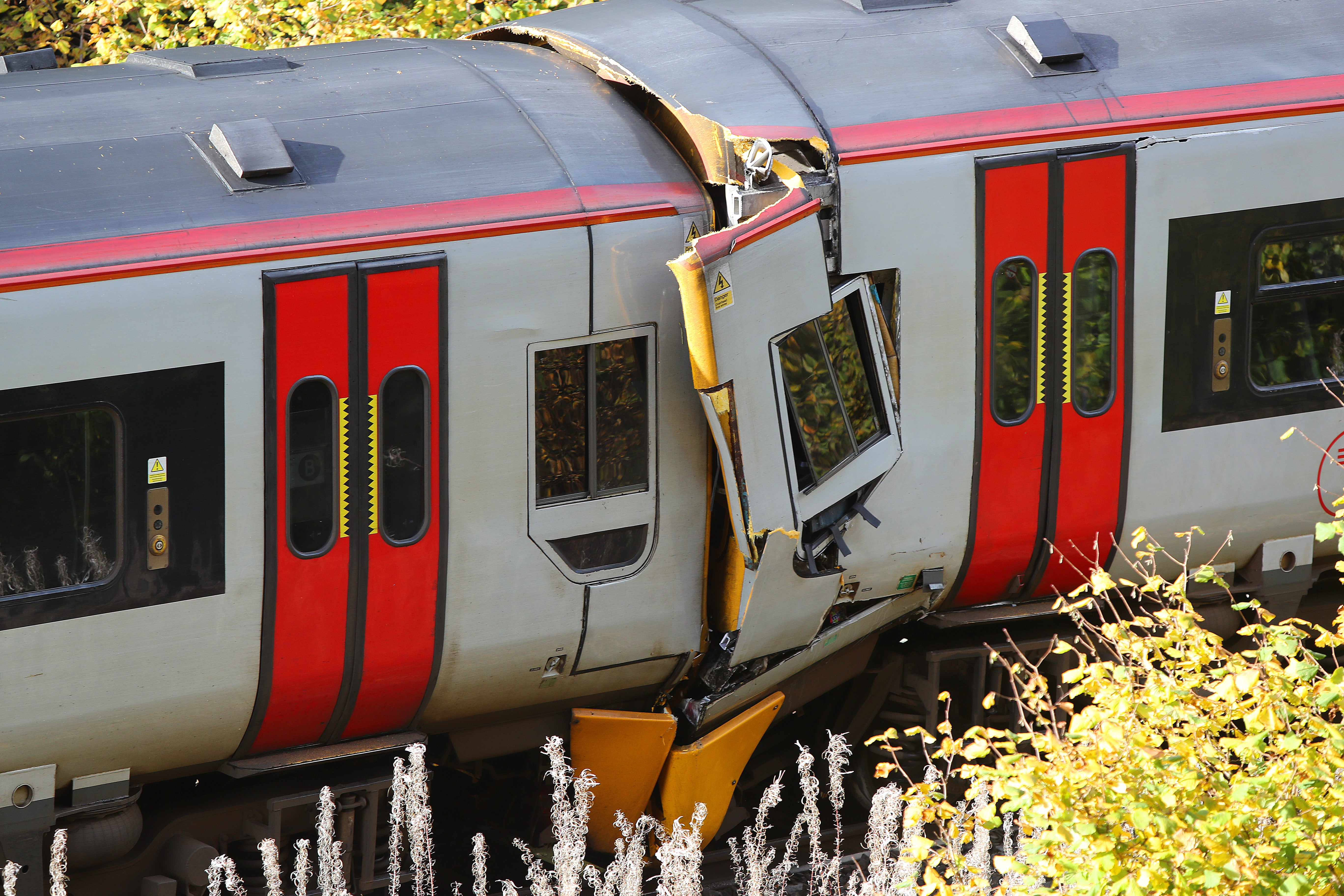 The scene after a collision involving two trains near Llanbrynmair, Wales