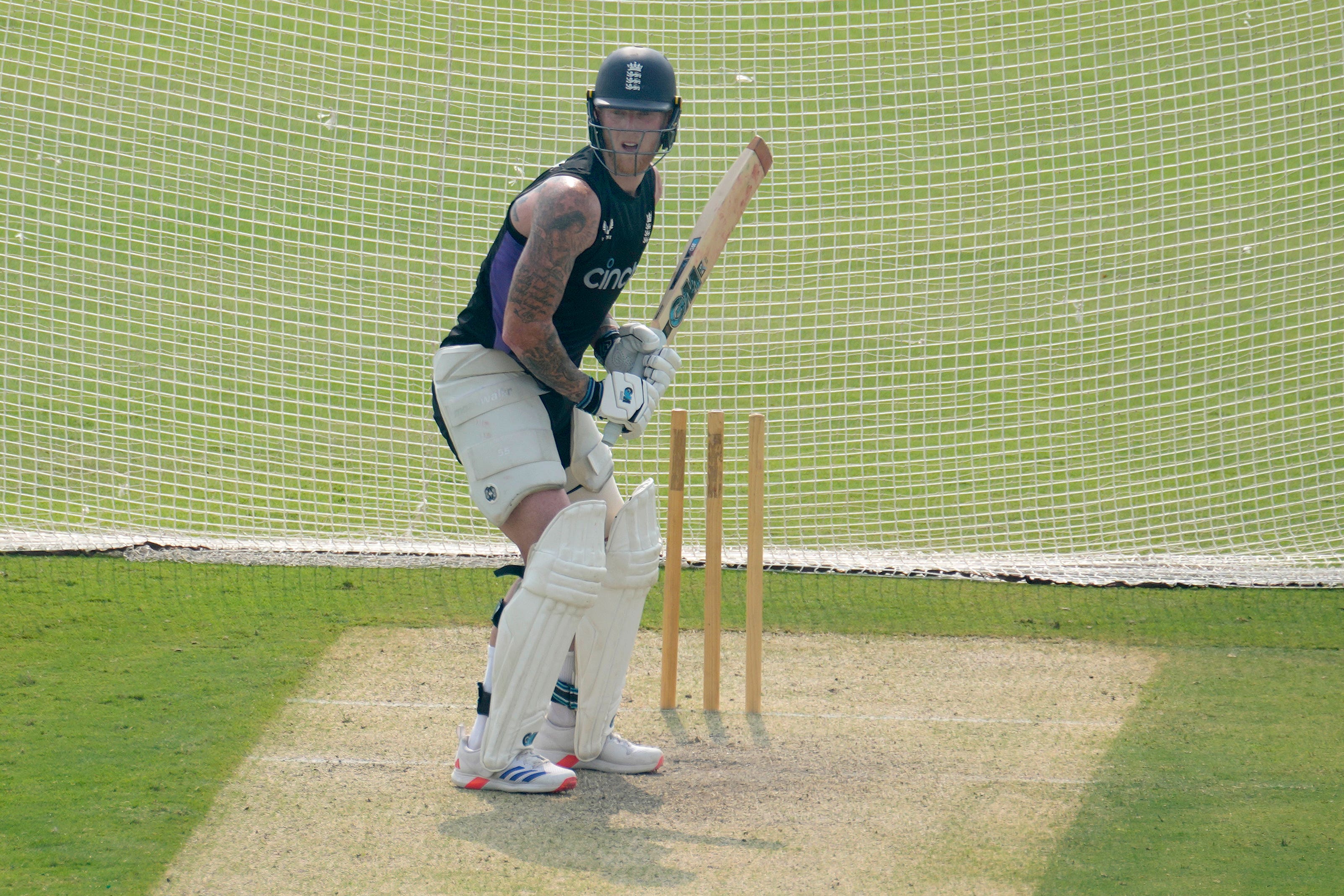 England captain Ben Stokes bats in the nets ahead of the third Test against Pakistan (Anjum Naveed/AP).