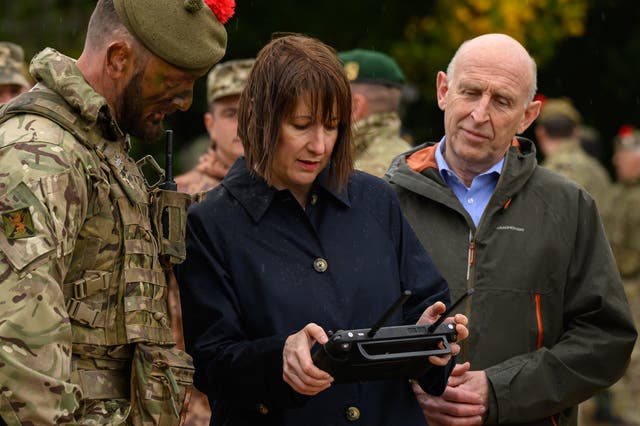 <p>Rachel Reeves operates a drone at the Stanford Training Area near Thetford on Tuesday</p>