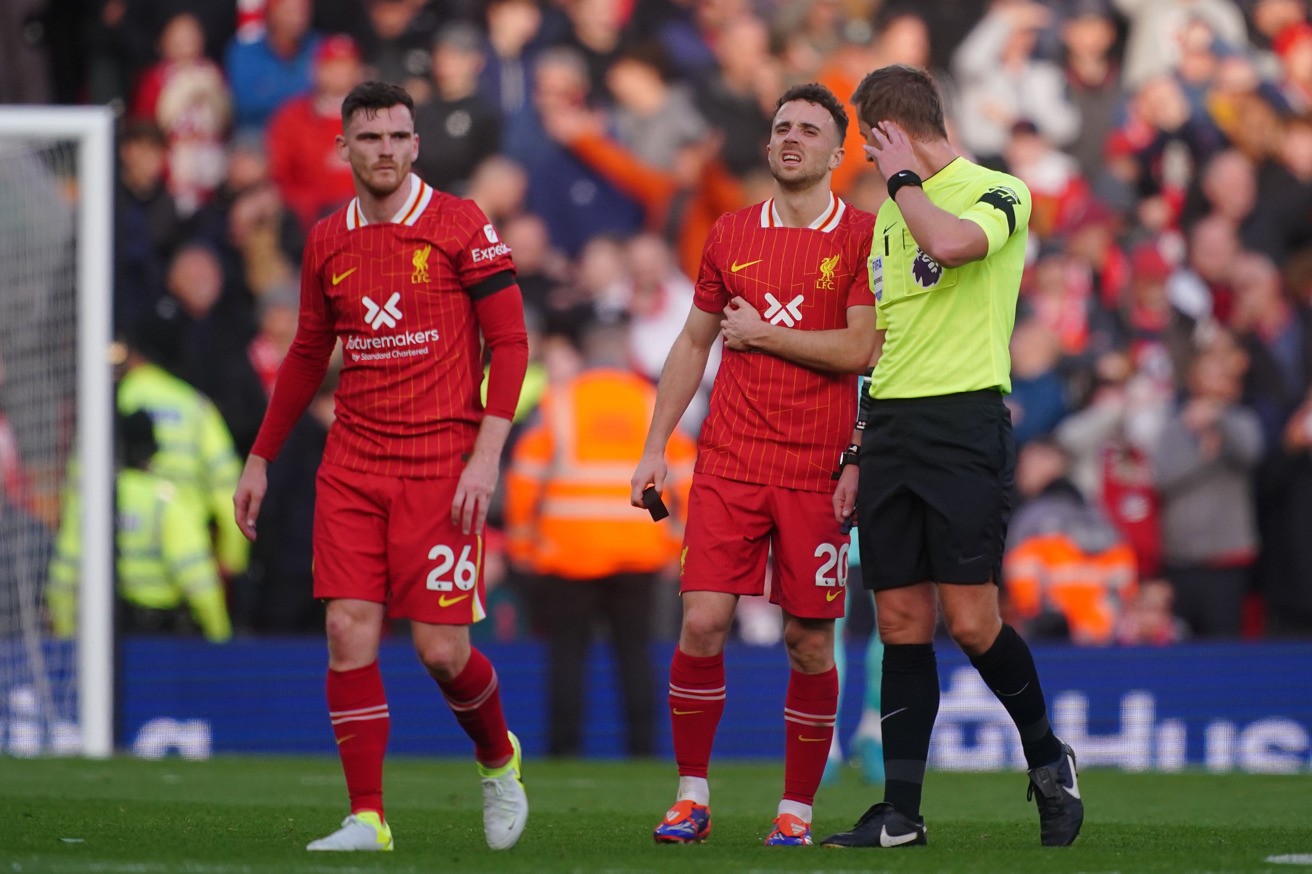 Liverpool’s Diogo Jota (centre) will miss the RB Leipzig clash with bruising sustained against Chelsea on Sunday (Peter Byrne/PA)