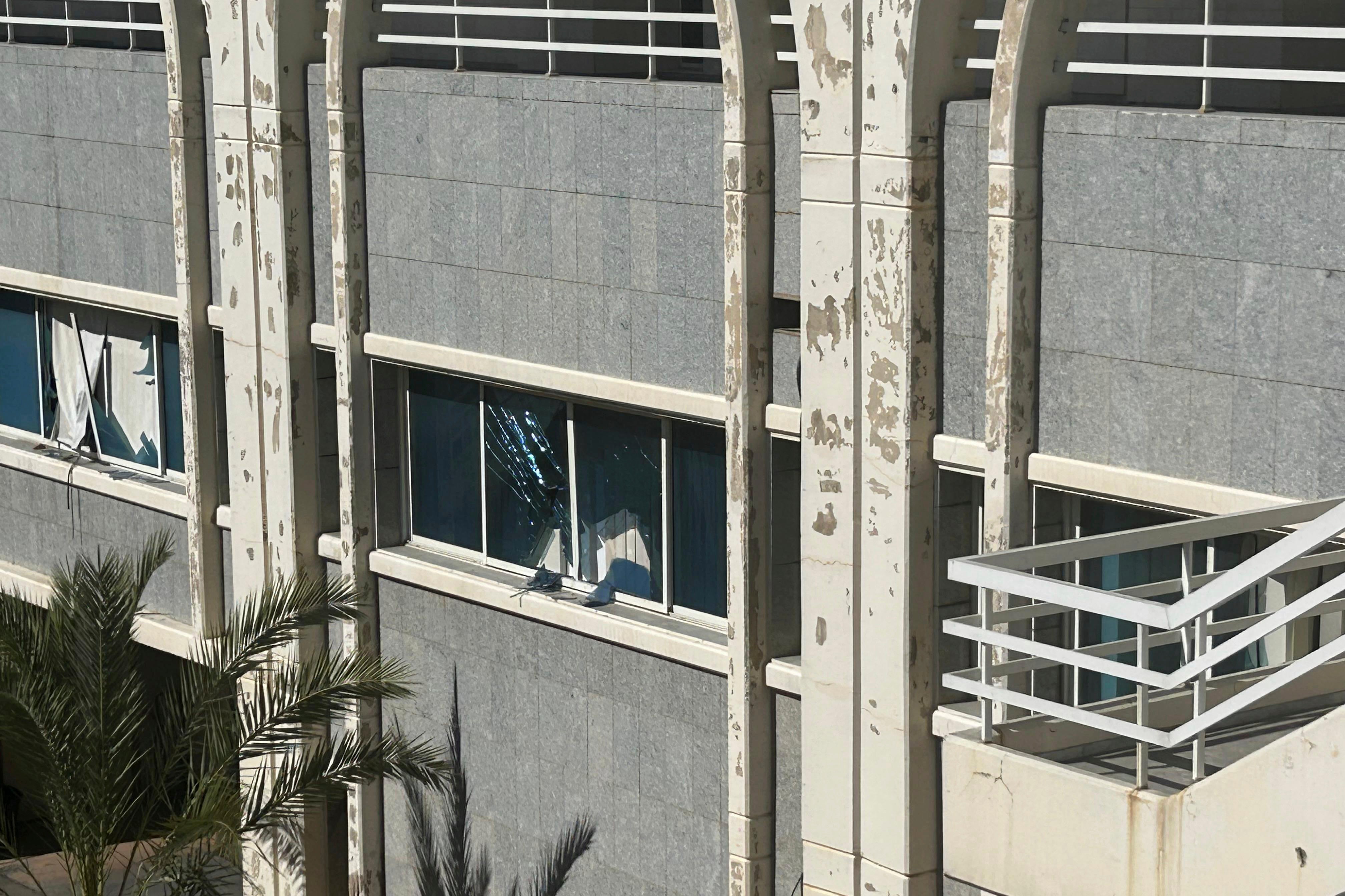 Broken window in the building of the Rafik Hariri University Hospital, following an overnight Israeli airstrike near the medical facility in southern Beirut, Lebanon, Tuesday, 22 Oct 2024