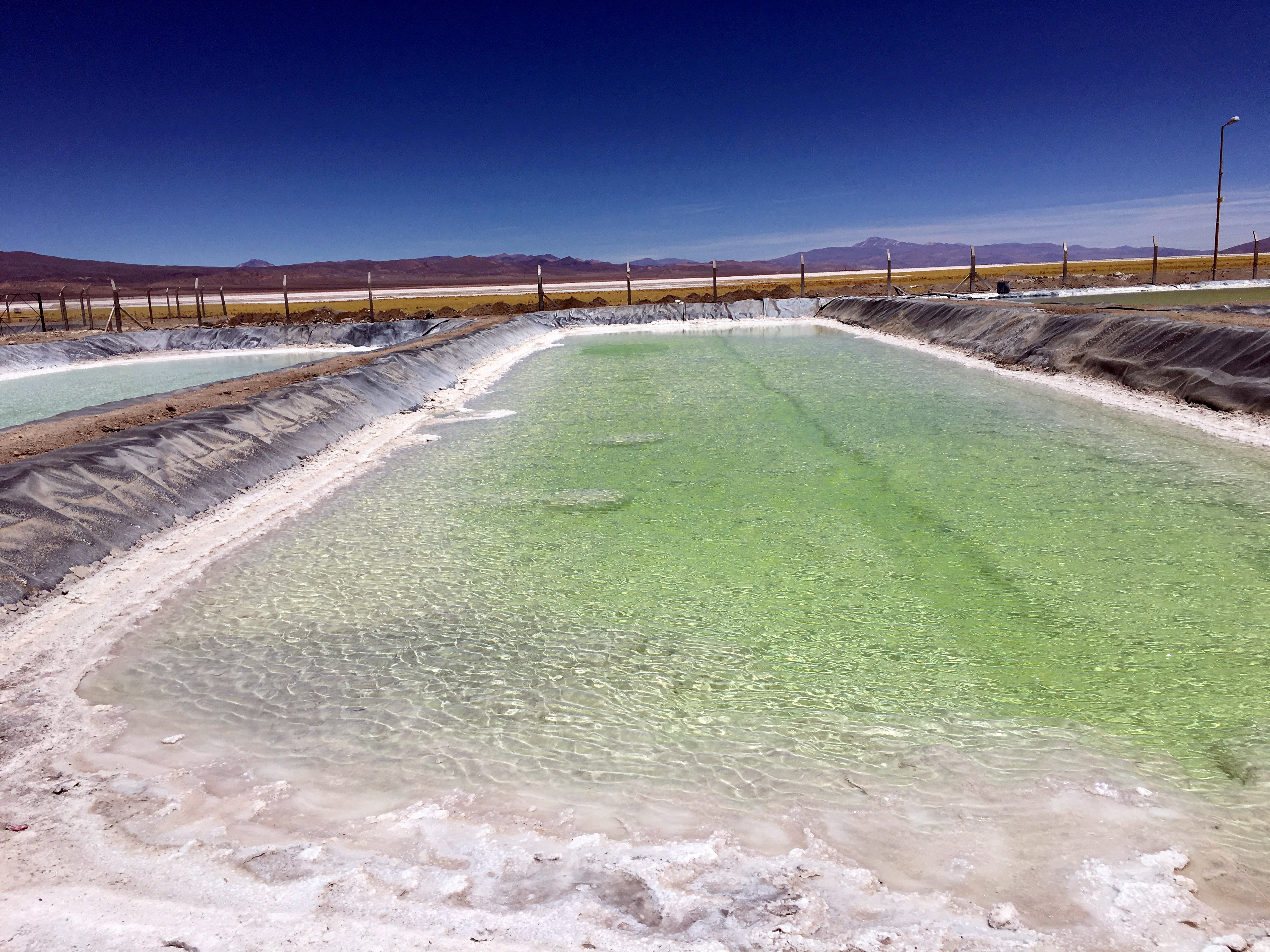 A brine pool used to extract lithium is seen at a salt flat of Cauchari Olaroz, Argentina in November 2017. New technology has been developed to extract lithium from brines more sustainably and at a lower cost.