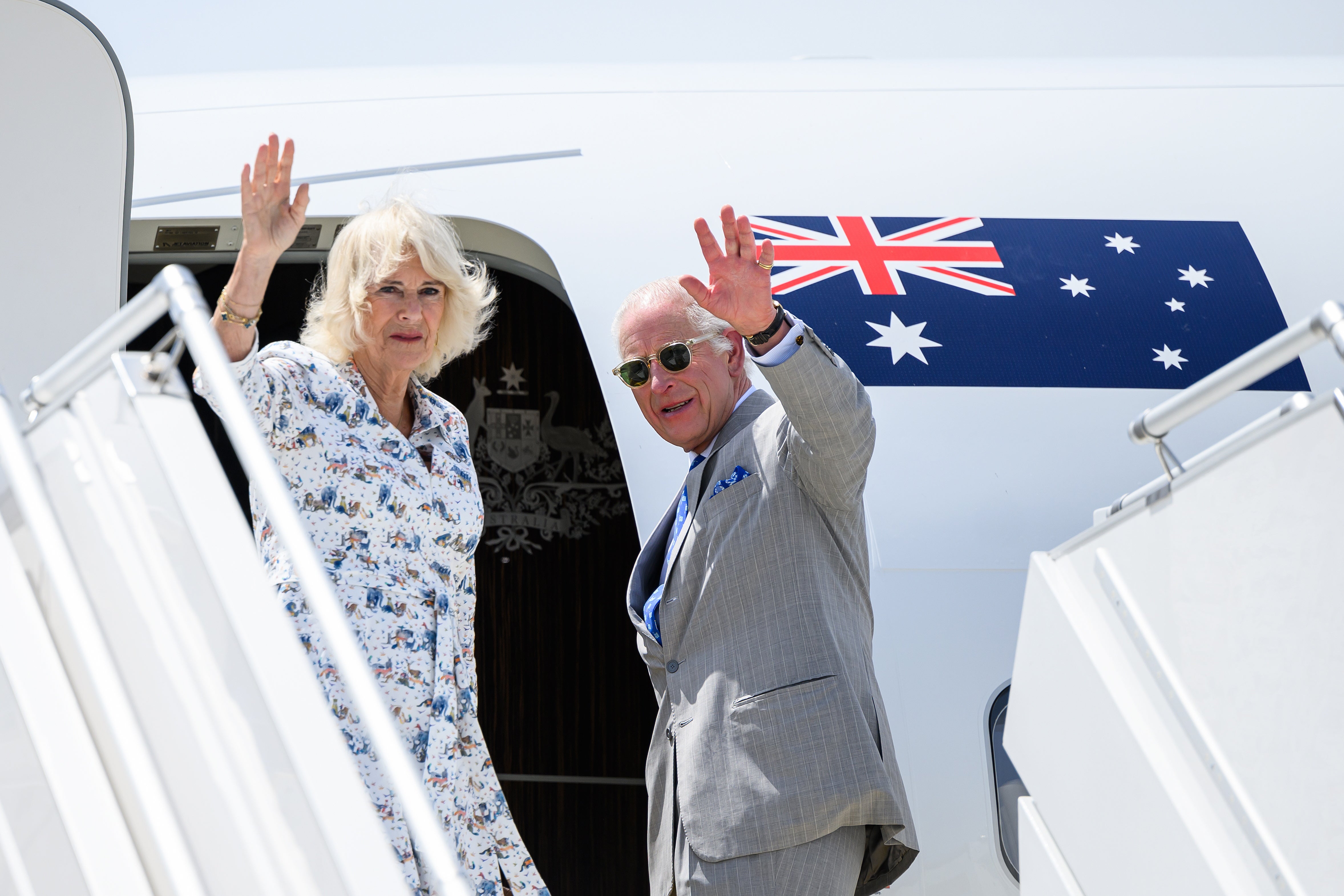 King Charles and Queen Camilla wave during their official departure from Australia at Sydney Kingsford Smith Airport in Sydney, Australia, 23 October 2024