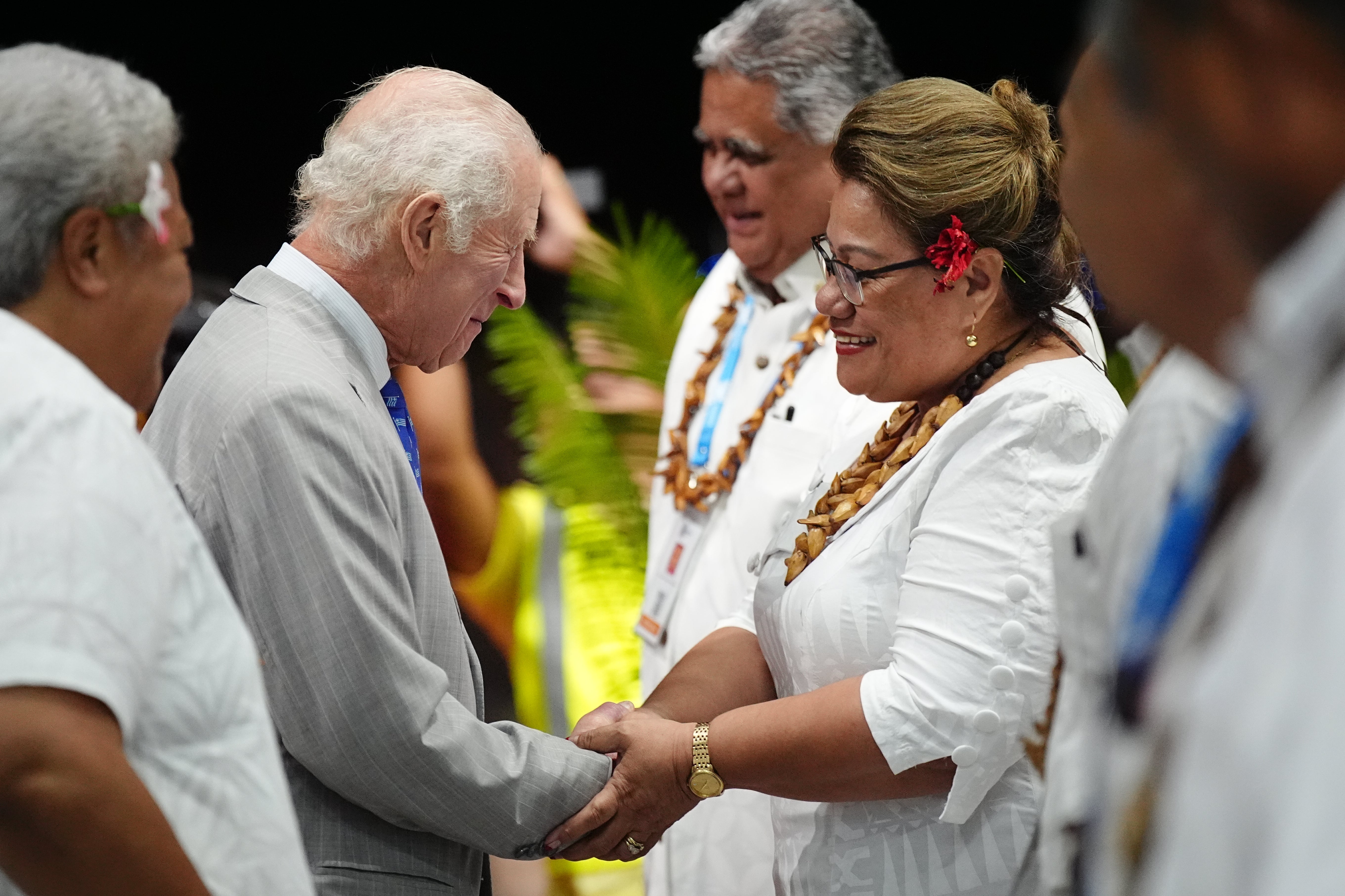 King Charles III with Samoa’s Prime Minister Fiame Naomi Mata’afa s greeted as he arrives at Faleolo International Airport in Samoa