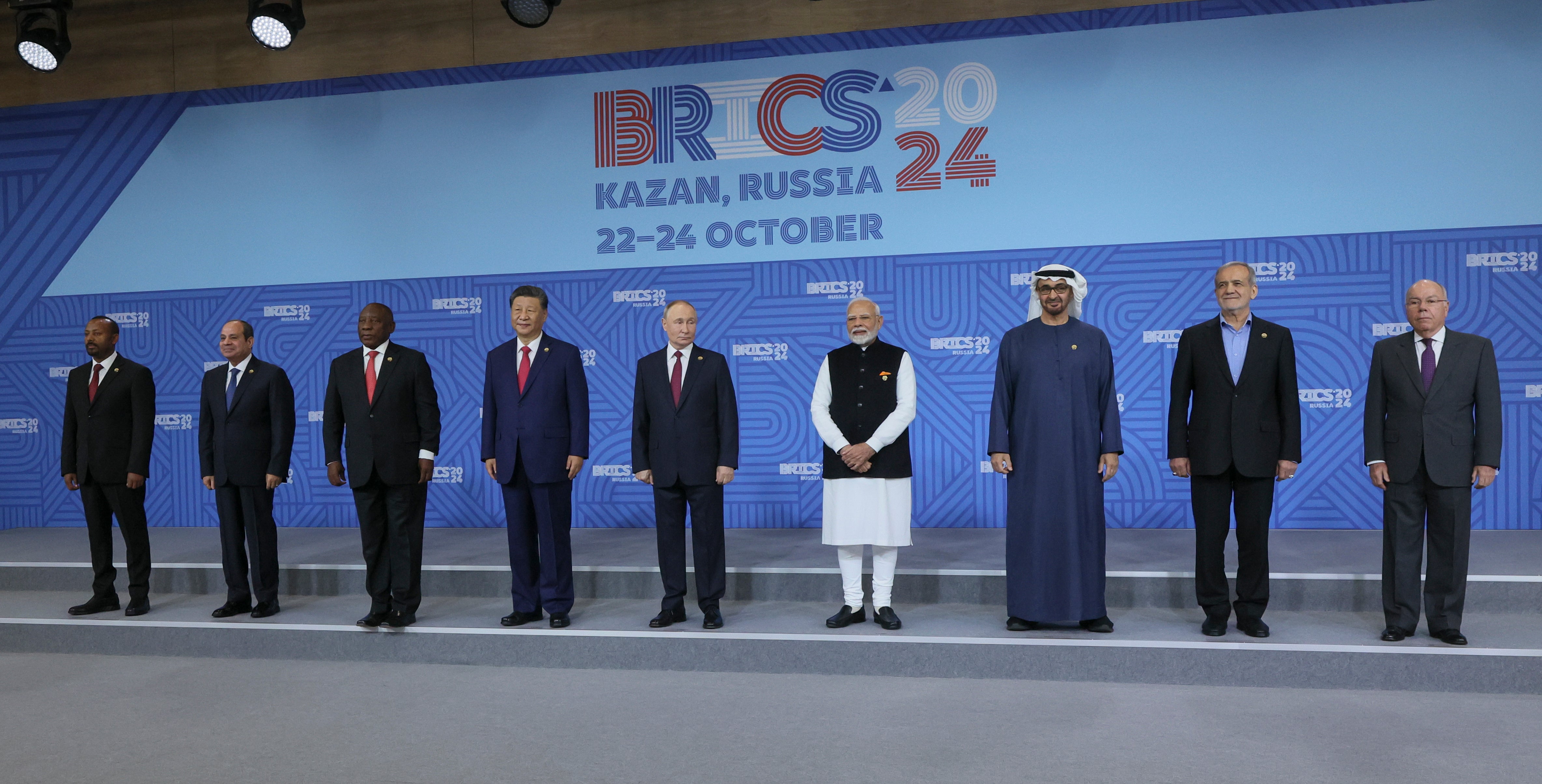 Brics leaders pose for a photo ahead of their summit plenary session in Kazan, Russia, on 23 October 2024