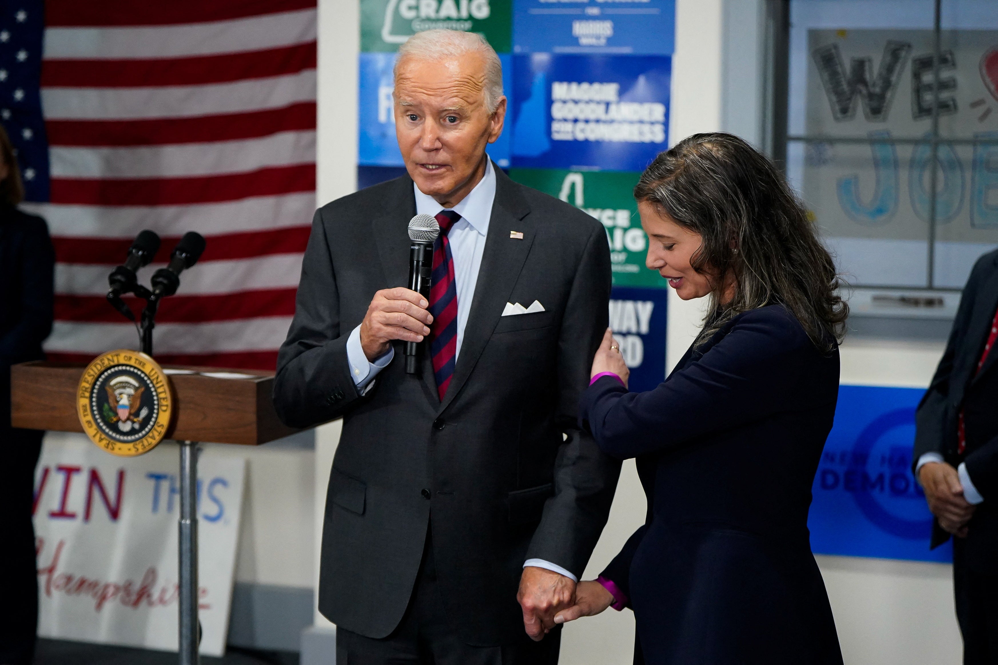 Biden speaks at New Hampshire Democratic Party Headquarters in Concord on October 22 where he called to ‘lock up’ Trump