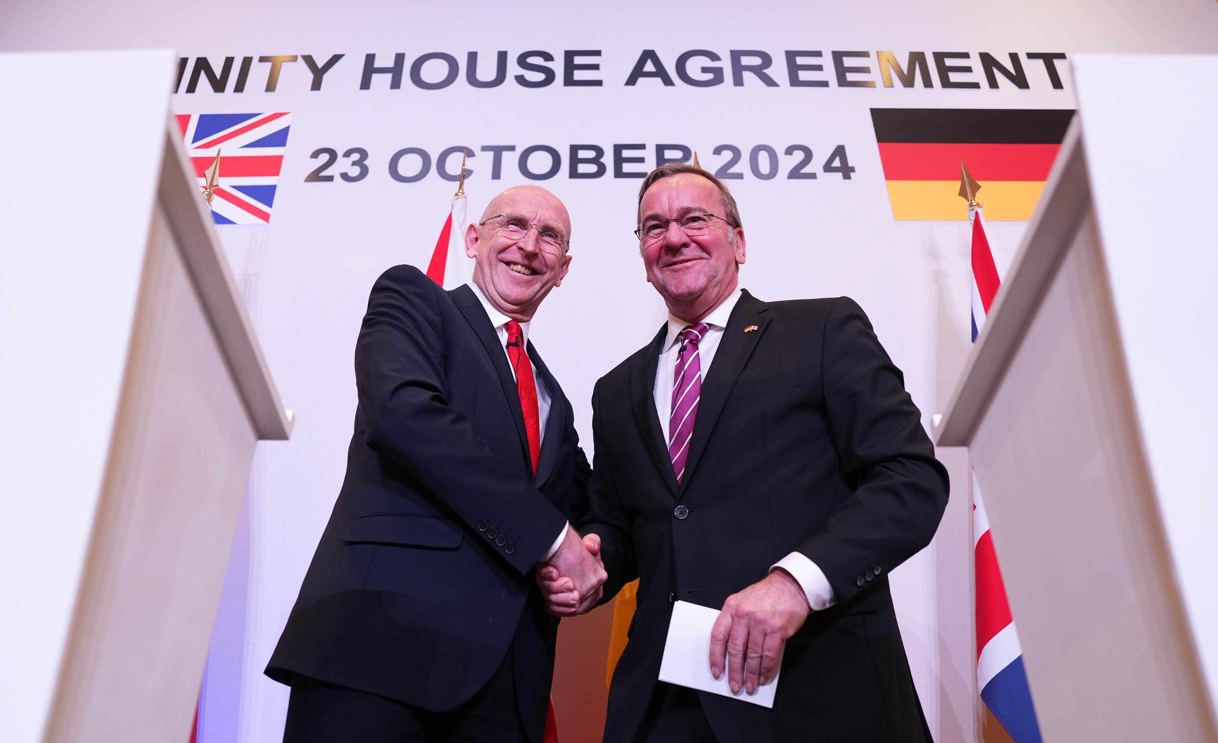 Defence Secretary John Healey (left) and his German counterpart Boris Pistorius at a press conference after signing a new UK-Germany Defence Agreement at Trinity House in London