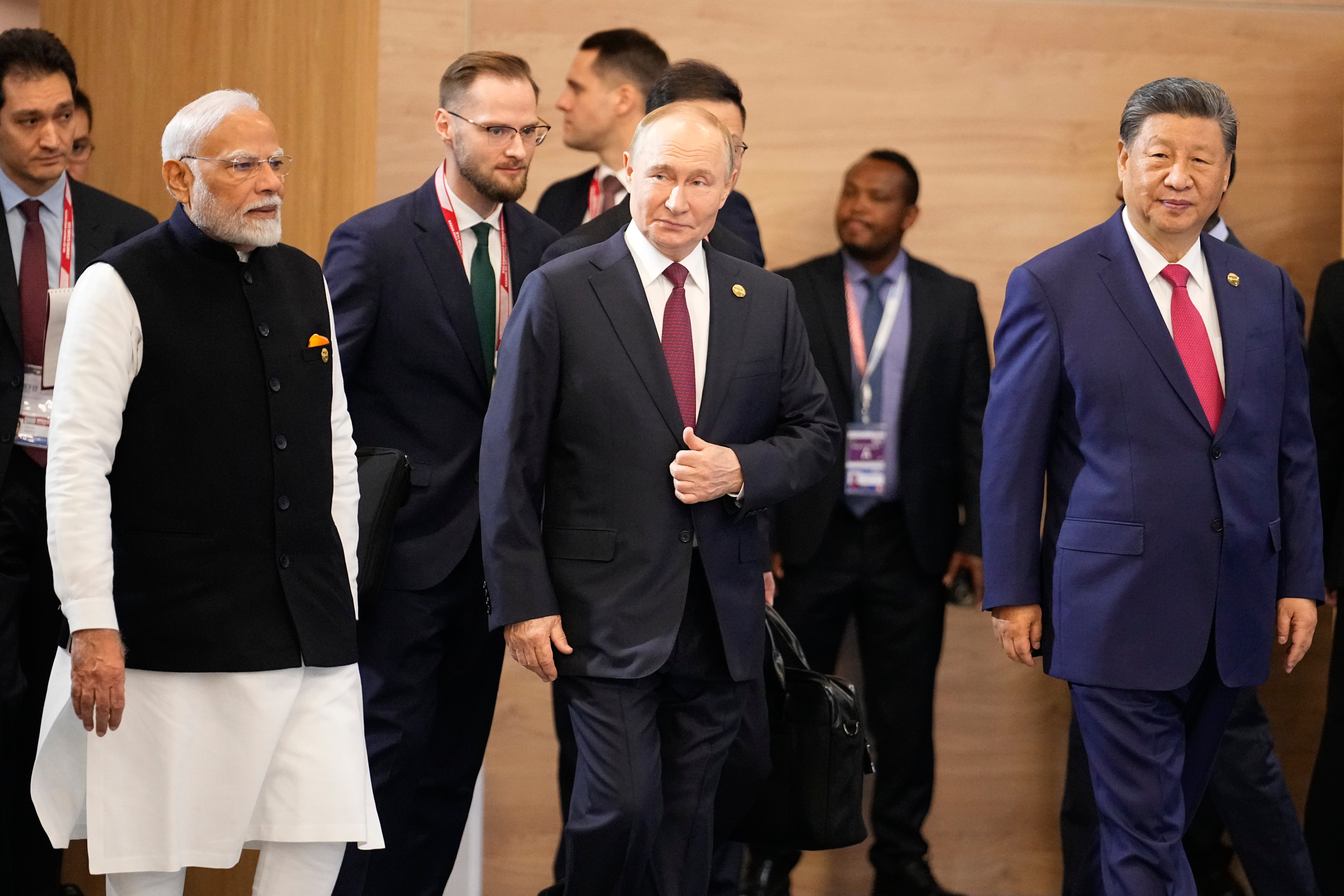 Xi Jinping and Narendra Modi with Russian president Vladimir Putin on the sidelines of the Brics summit in Kazan, Russia, on 22 October 2024