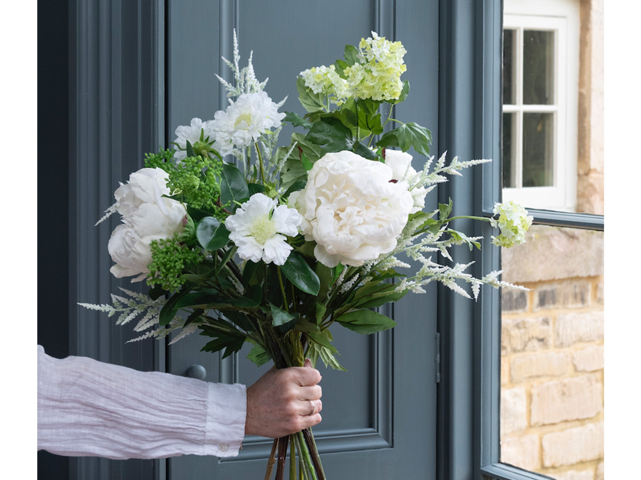 Floralsilk white & green faux peony and skimmia bouquet 