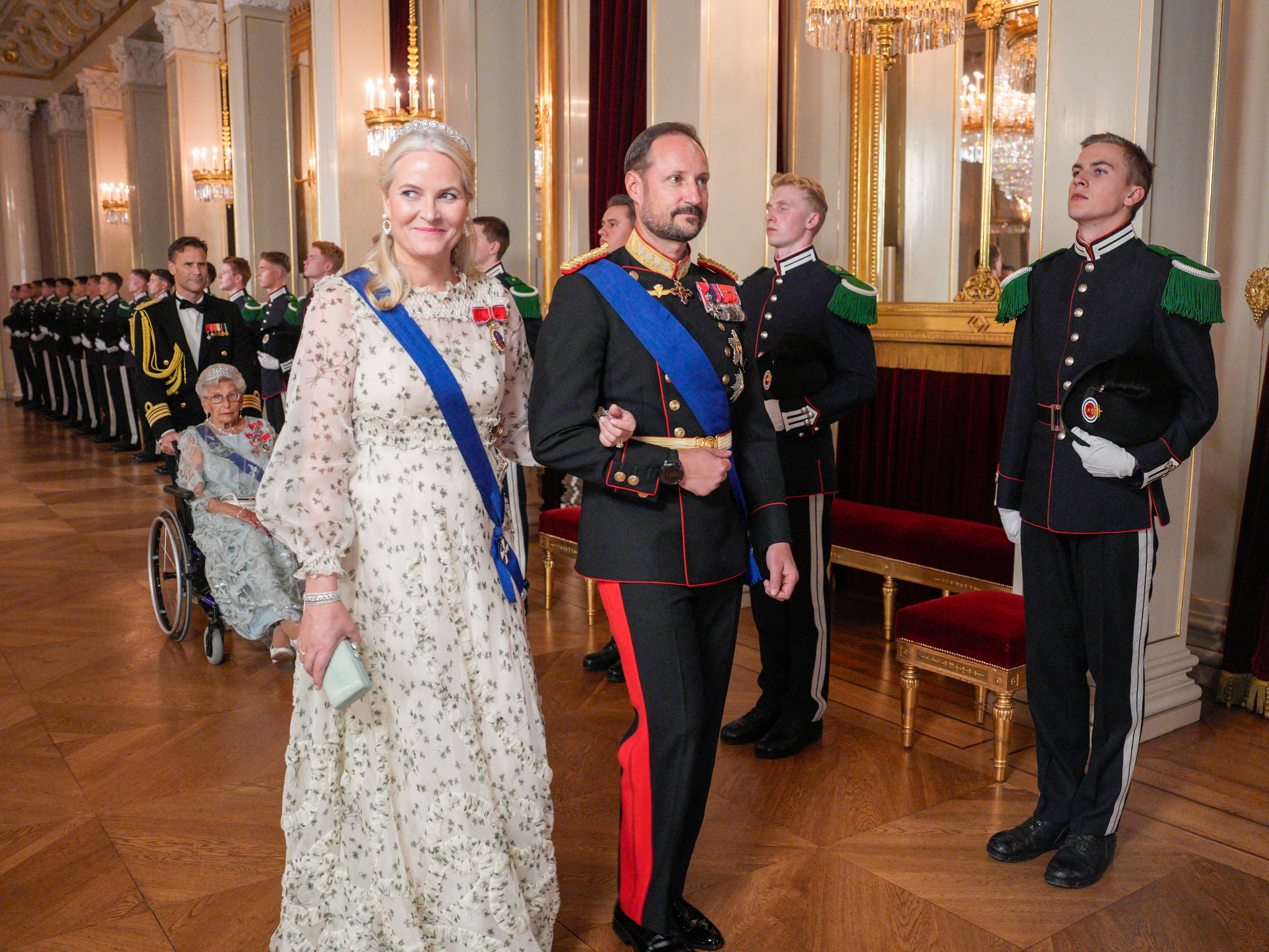 Crown Princess Mette-Marit and Crown Prince Haakon arrive for a gala dinner at the Royal Palace in Oslo