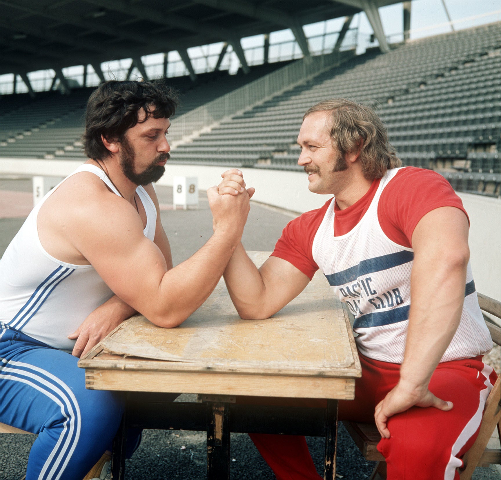 Geoff Capes, left, and then world shot put world record holder Al Feuerbach at Crystal Palace (PA)