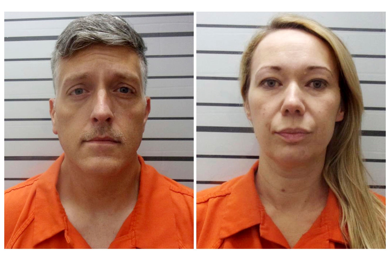 This combination of booking photos provided by the Muskogee County, Okla., Sheriff's Office shows Jon Hallford, left, and Carie Hallford, owners of Return to Nature Funeral Home