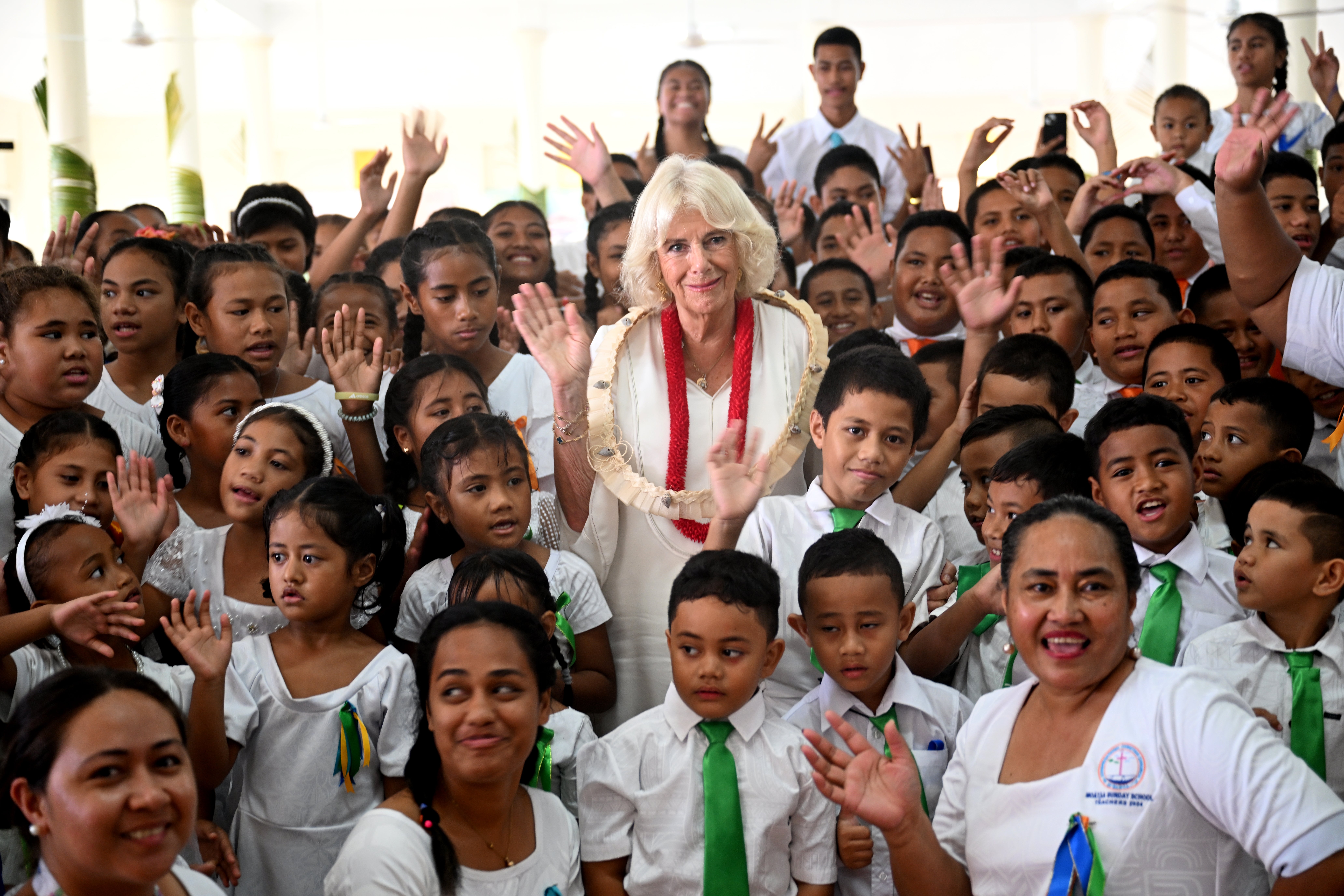 Queen Camilla visits Moata’a village’s pastor school to learn about the history and impact of these schools in villages on 24 October 2024 in Apia