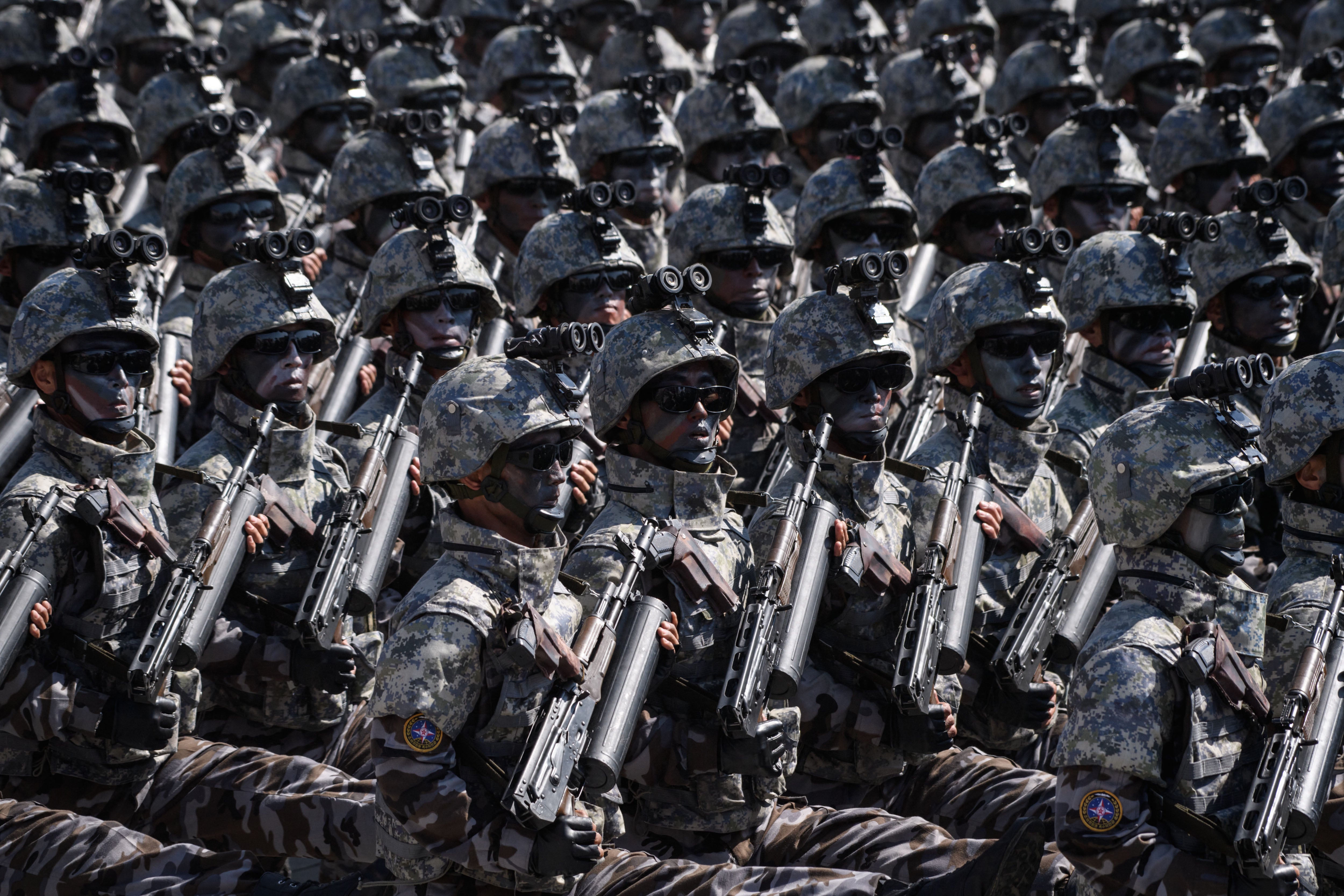 Korean People's Army (KPA) soldiers march during a mass rally on Kim Il Sung square in Pyongyang on 9 September 2018