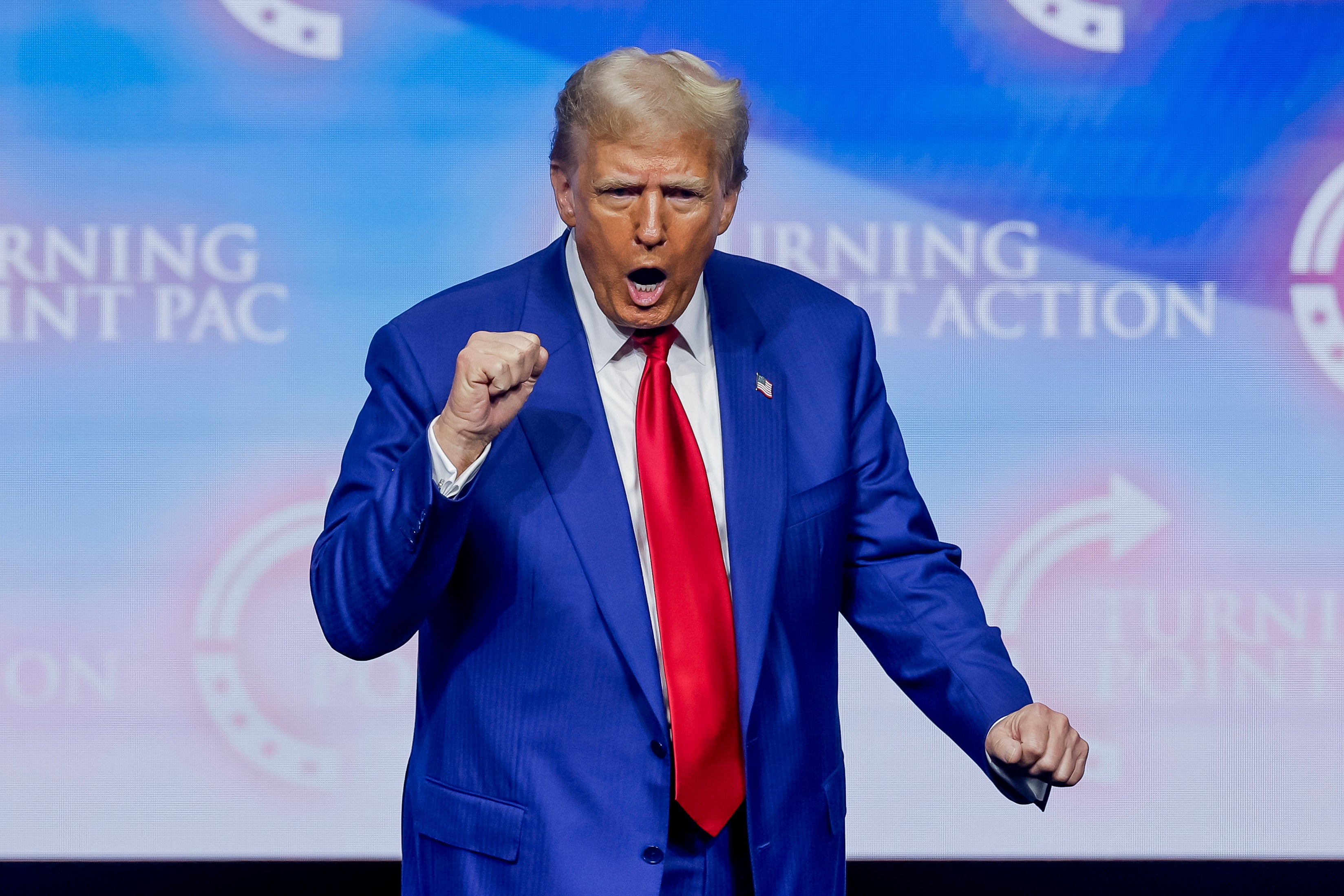 Donald Trump campaigns at a Turning Point PAC rally in Duluth, Georgia, on October 23 2024