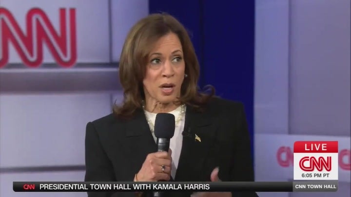 Then-Democratic presidential candidate Kamala Harris responds to a question from Anderson Cooper on whether or not she considers Donald Trump a ‘fascist’ during a CNN town hall in Aston, Pennsylvania, on October 24 2024