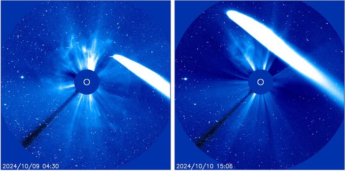 U.S. Naval Research Laboratory (NRL) imaging instrument, LASCO C3, captured sequences of comet C/2023 A3, known as Tsuchinshan-ATLAS, as it passed between the Earth and the Sun on Oct. 9 and 10