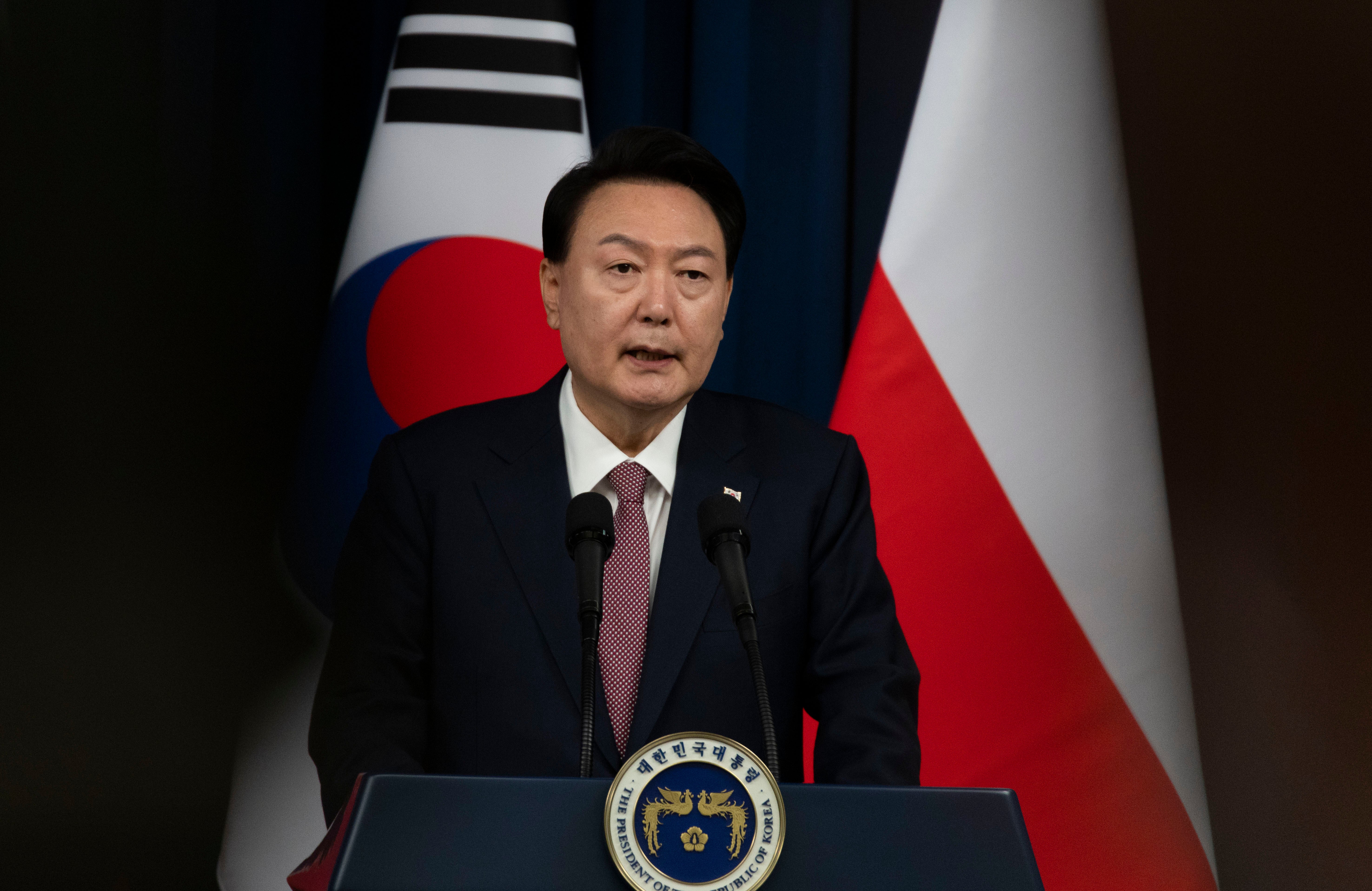 File: South Korean president Yoon Suk-yeol, speaks during a joint press conference at the Presidential Office in Seoul, South Korea, Thursday, 24 October 2024