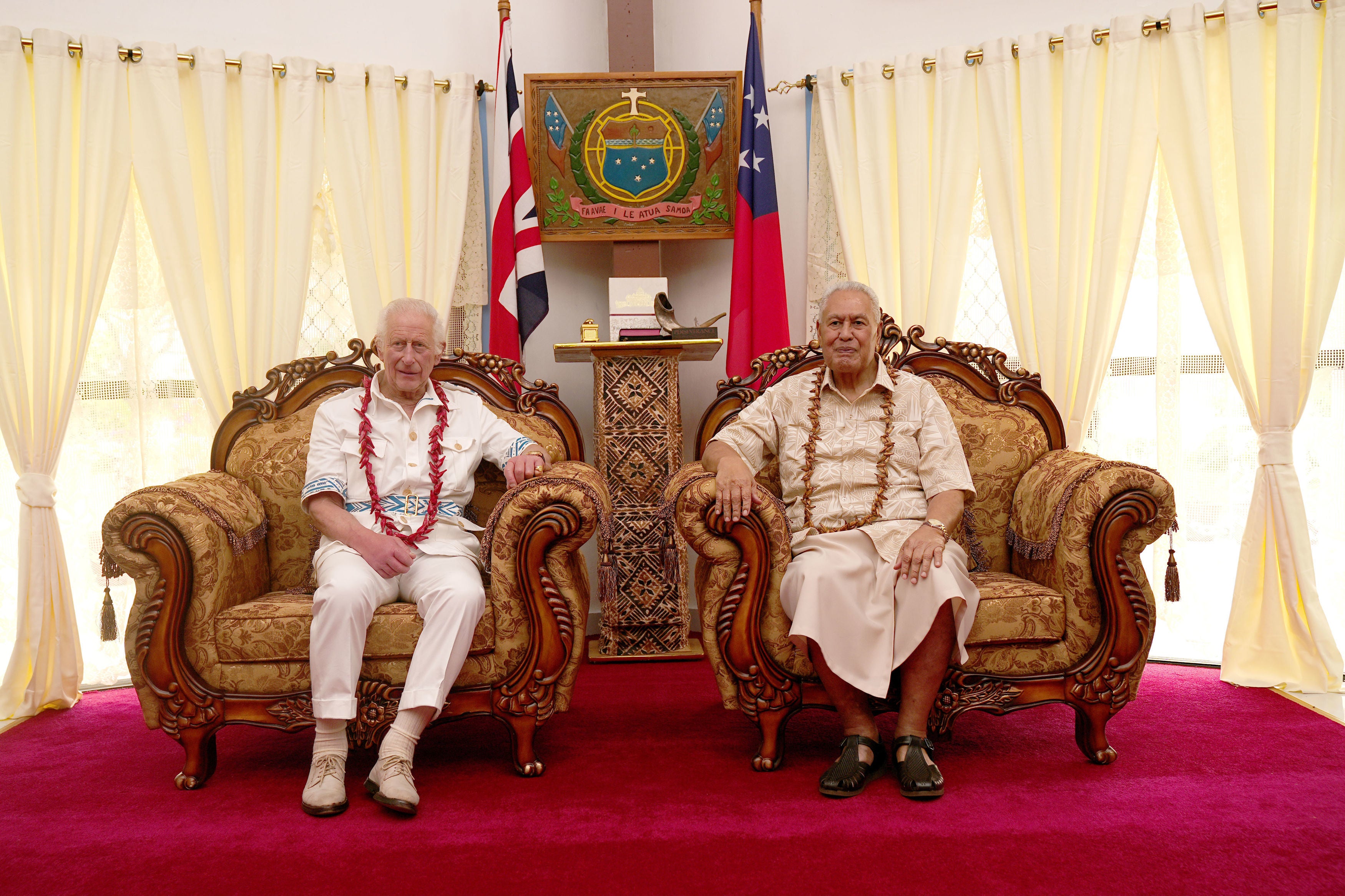 King Charles meets with head of state of the Independent State of Samoa, Afioga Tuimalealiifano Vaaletoa Sualauvi II, at his official residence in Mulinuu