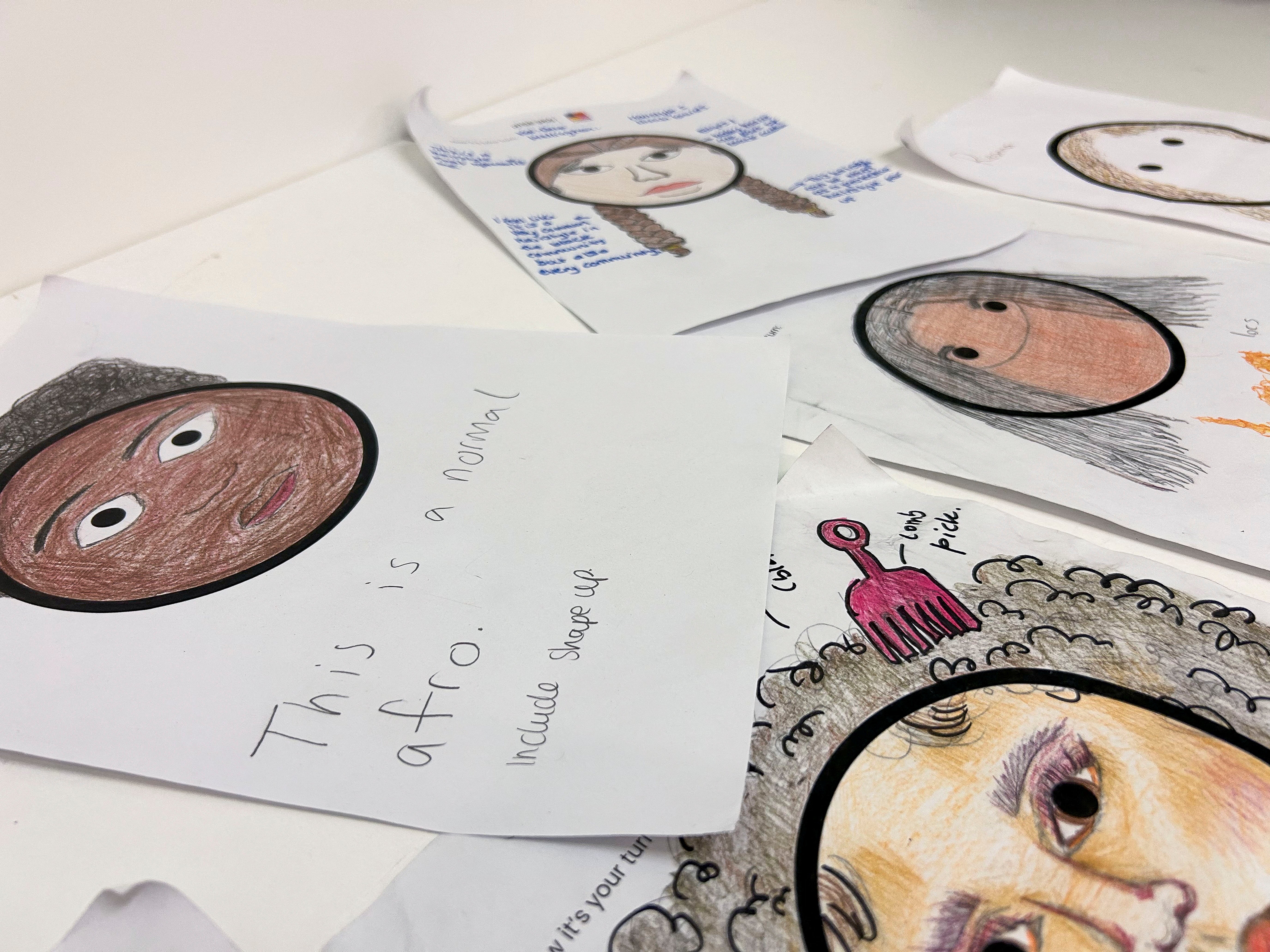 Drawings of Afro hair emojis are seen at the Concorde Youth Club in Hackney, east London