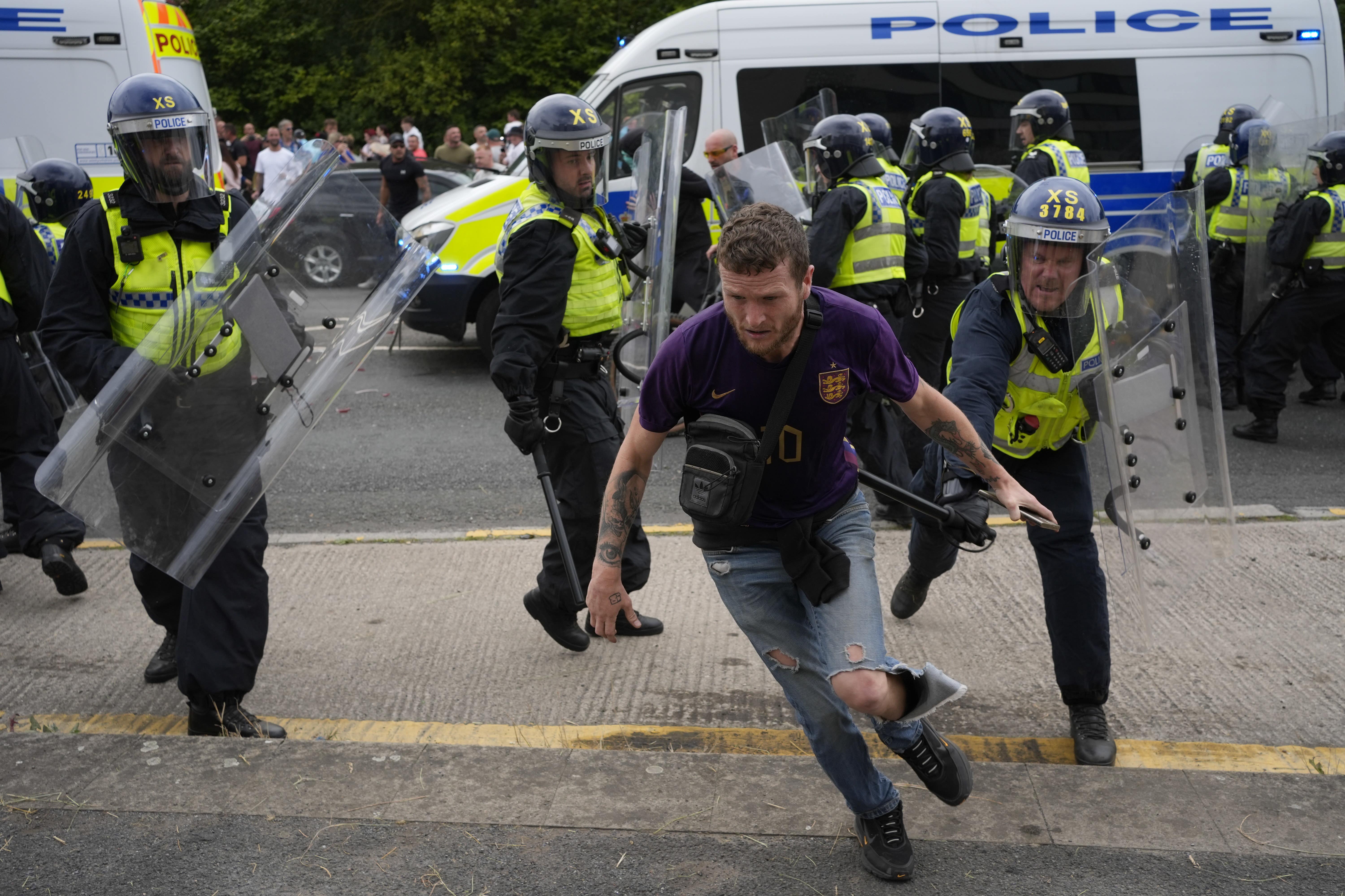 Levi Fishlock during an anti-immigration demonstration outside the Holiday Inn Express in Rotherham (Danny Lawson/PA)