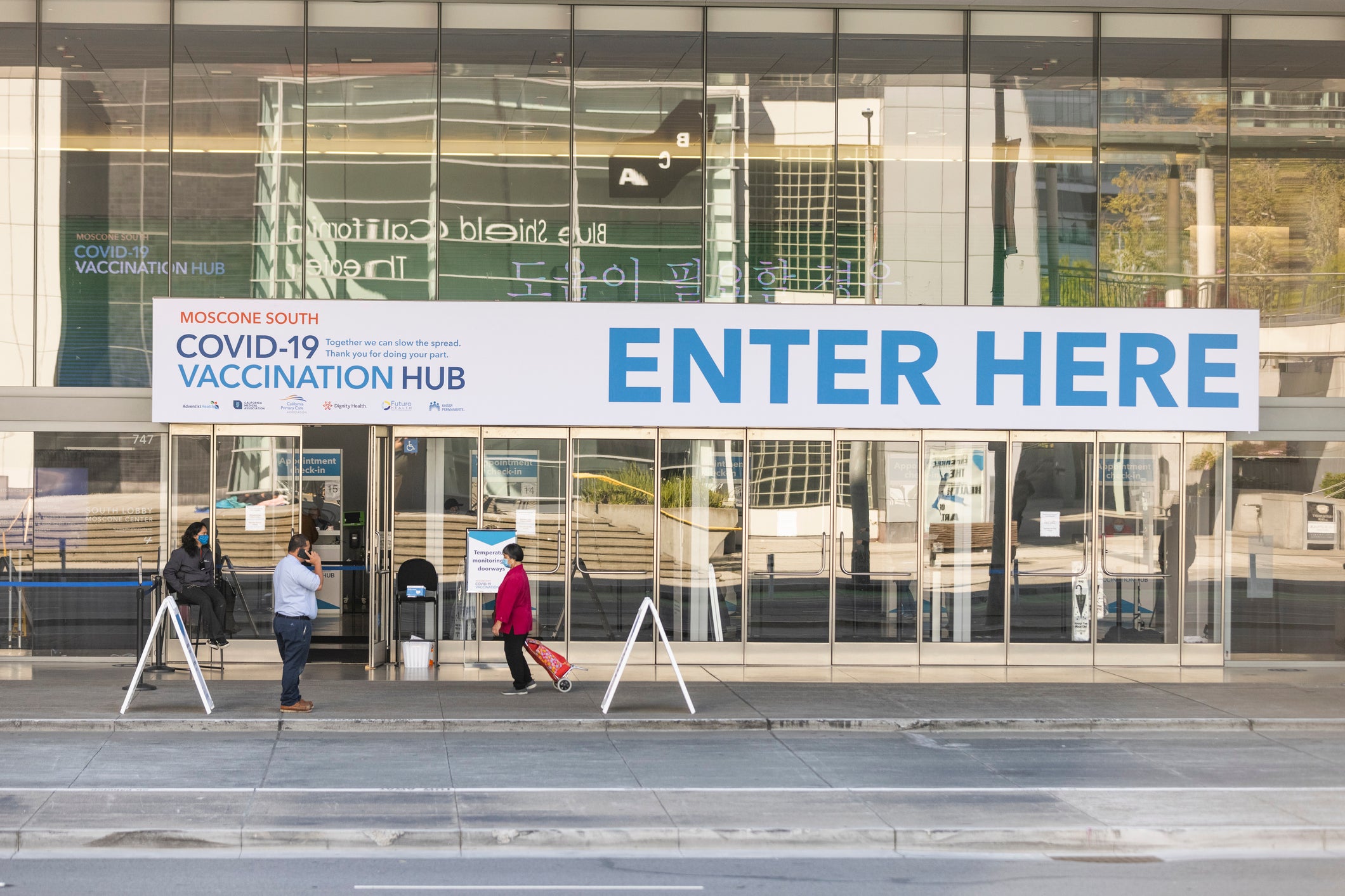 A vaccination site was set up at San Francisco's Moscone Center in April 2021. The first Covid vaccine was authorized for emergency use in December 2020 and approved in August 2021.